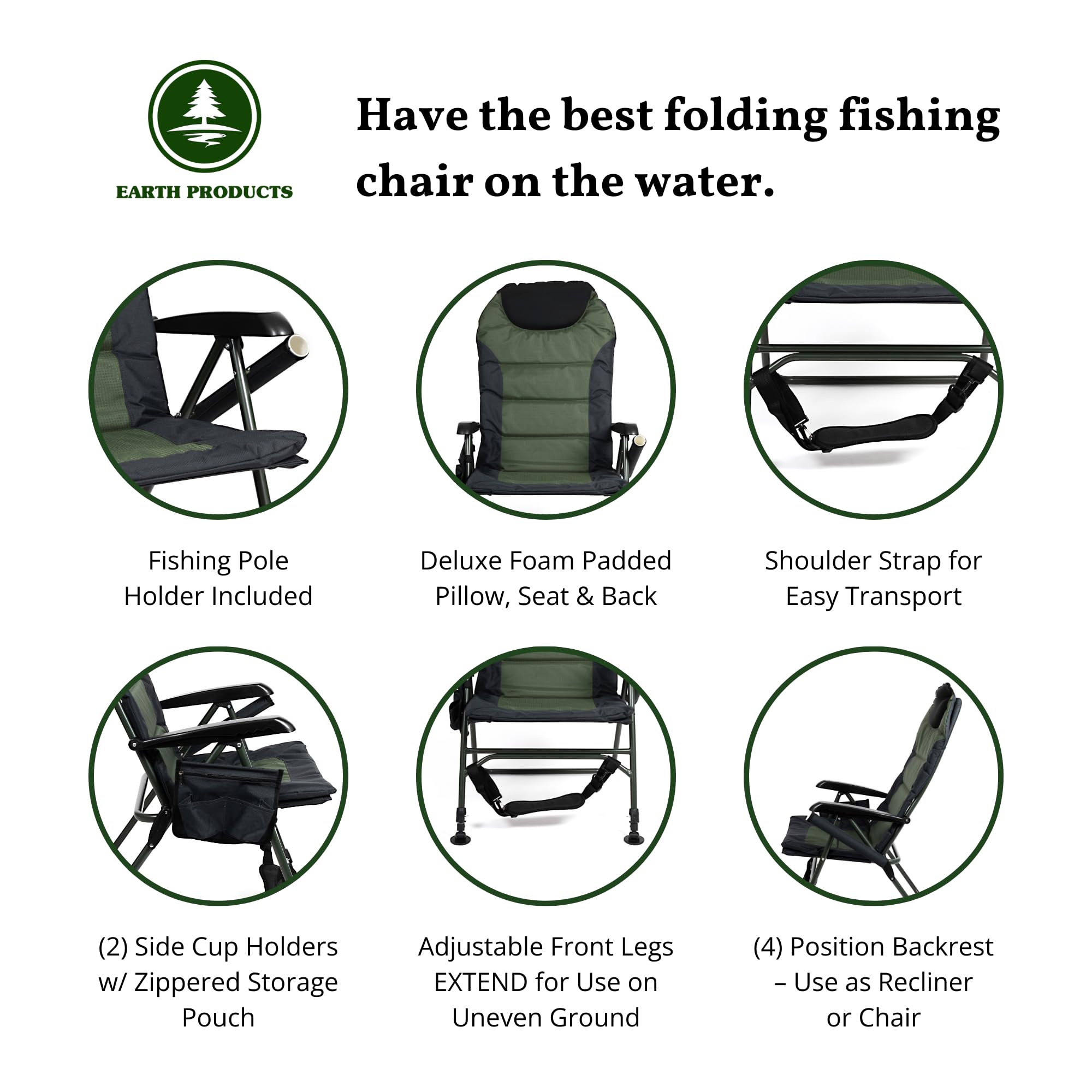 Premium Folding Fishing Chair with Reclining Backrest & Adjustable Legs - Ultra Comfortable Portable Outdoor Chair for Camping, Picnics, Beach, Sporting Events, Tailgating - Perfect for Relaxing by the Lake or Backyard BBQs