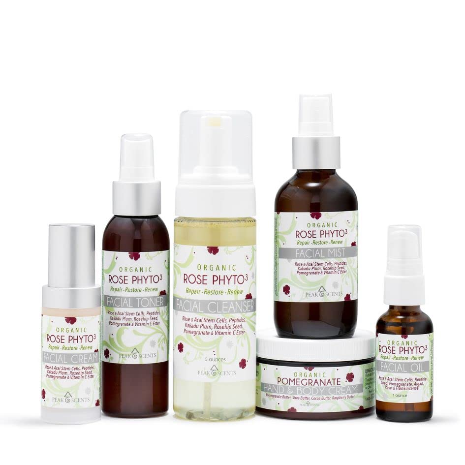 Organic Rose Anti-Aging Facial Skin Care Set - Hydrating Face Wash, Toner, Facial Oil, Rose Mist, Cream & Pomegranate Body Lotion | Cruelty-Free Skincare Routine for Dry, Sensitive Skin - Perfect for Nighttime & Morning Skincare Regimen