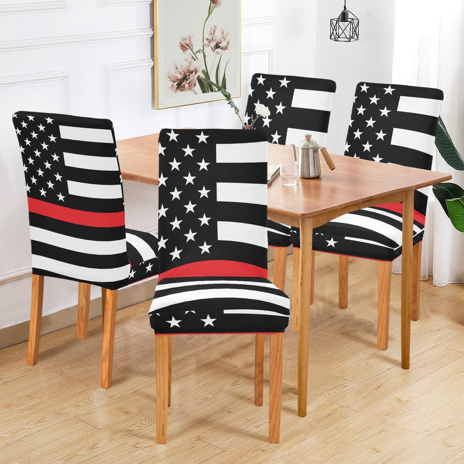 American Flag Firefighter Support Chair Covers Set of 4 - Washable Stretch Slipcovers for Dining Chairs - Patriotic Seat Covers for Kitchen, Office, Wedding & Home Decor