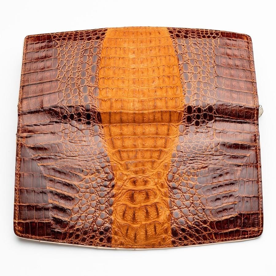 Premium Dark Brown Two-Tone Crocodile Leather Long Wallet for Men - Stylish RFID Blocking Bifold Wallet for Everyday Use & Travel