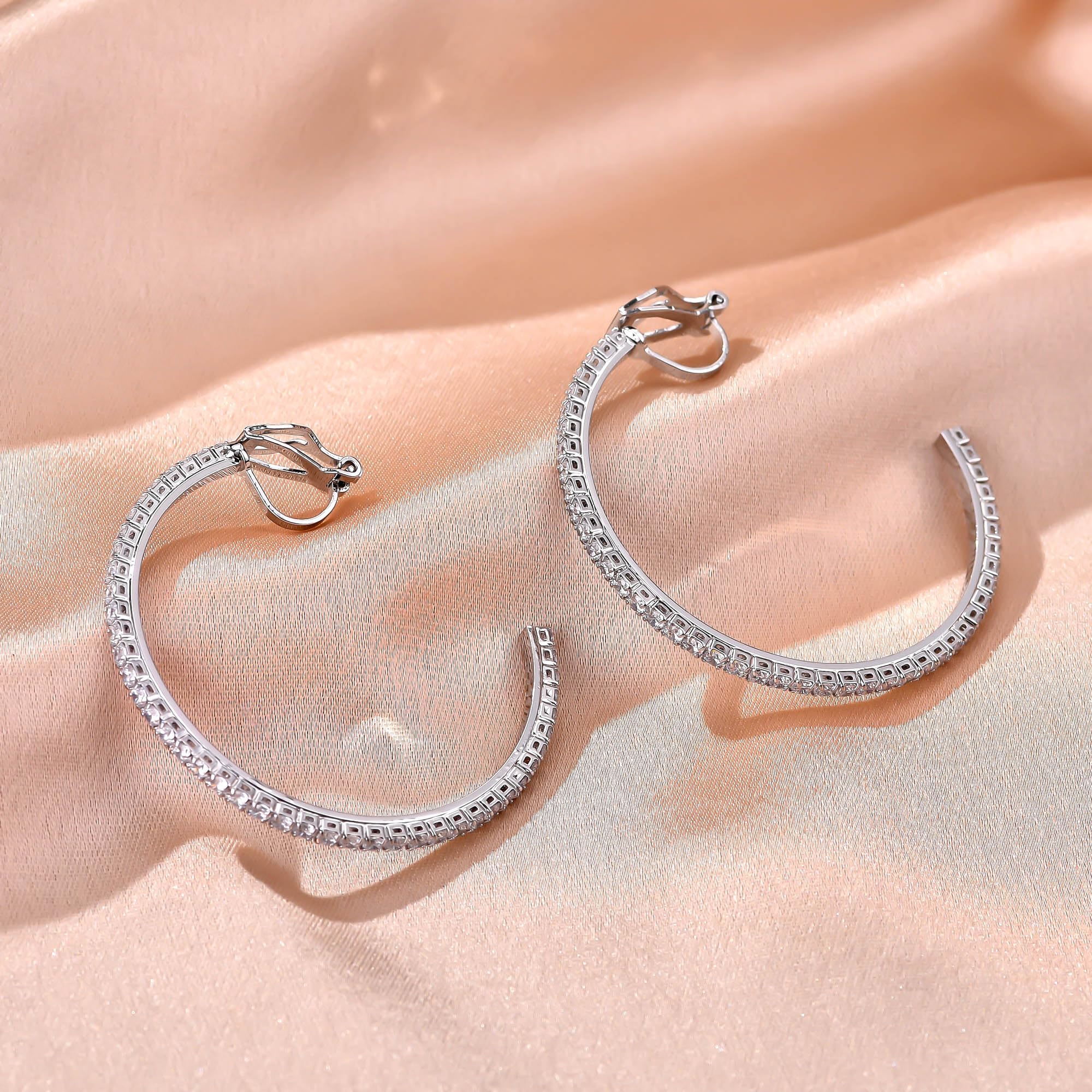 YOQUCOL 1.7 Inch Clip On Hoop Earrings for Women - Cubic Zirconia Non-Pierced Earrings - Perfect for Weddings, Parties & Everyday Wear