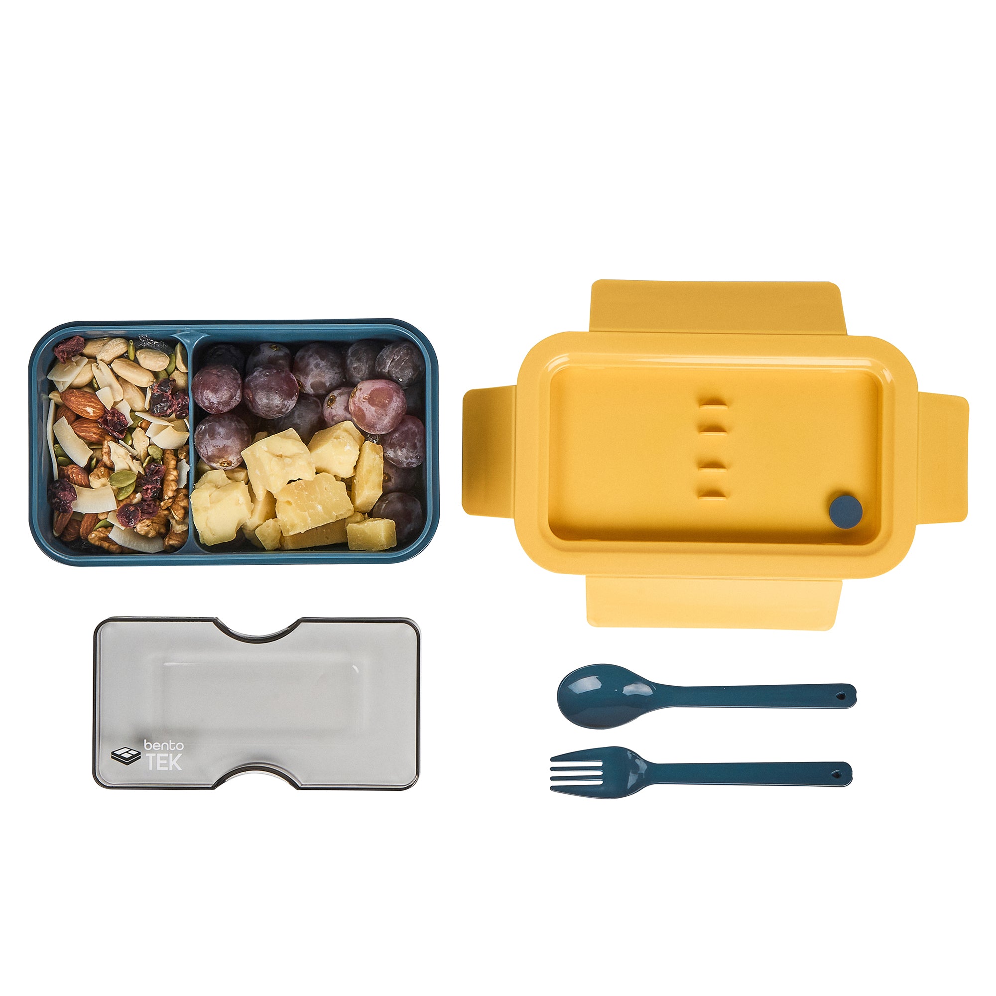 Bento Tek 29 oz Blue and Yellow Lunch Box - BPA Free, Microwave Safe, Includes Fork & Spoon (7.75