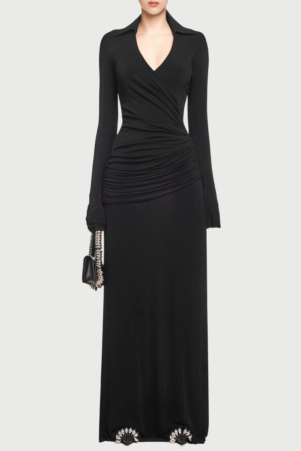 Alistair Shirt Collar Draped Maxi Dress for Women - Elegant Black Long Formal Dress for Evening Parties, Weddings & Special Occasions