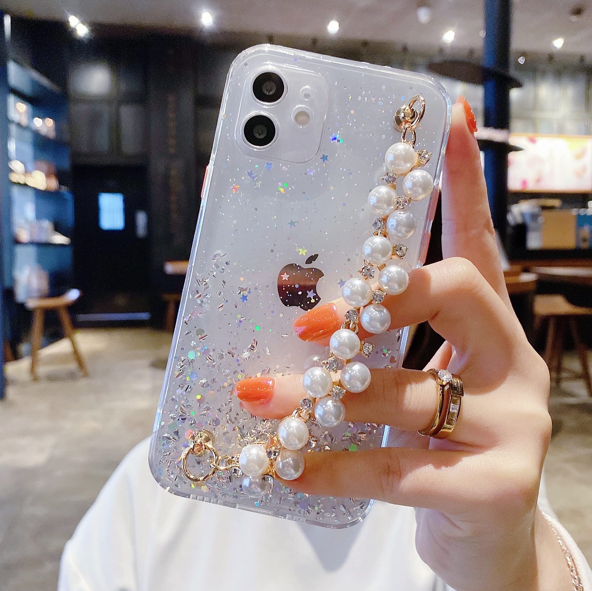Sparkly Glitter iPhone 13 Pro Max Case with Pearls & Chain Strap - Clear Bling TPU Shockproof Phone Cover for Women & Girls | Perfect for Parties, Daily Use & Fashion Accessories