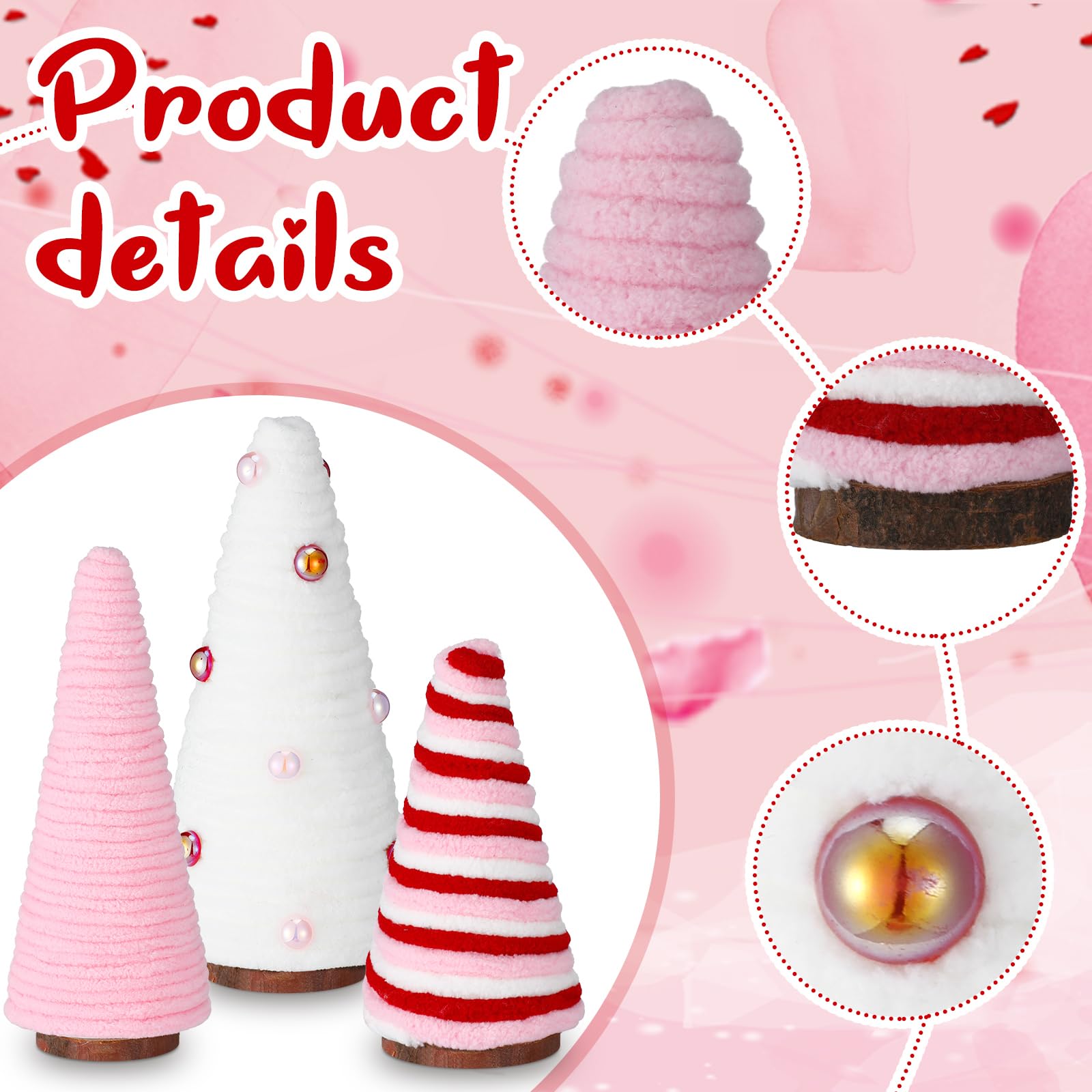 3 Pack Pink & White Yarn Wrapped Mini Trees - Valentine's Day Table Decor, Farmhouse Tiered Tray & Shelf Decorations, Romantic Centerpiece for Kitchen, Living Room & Indoor Spaces - Perfect for Valentine's Gifts & Home Décor