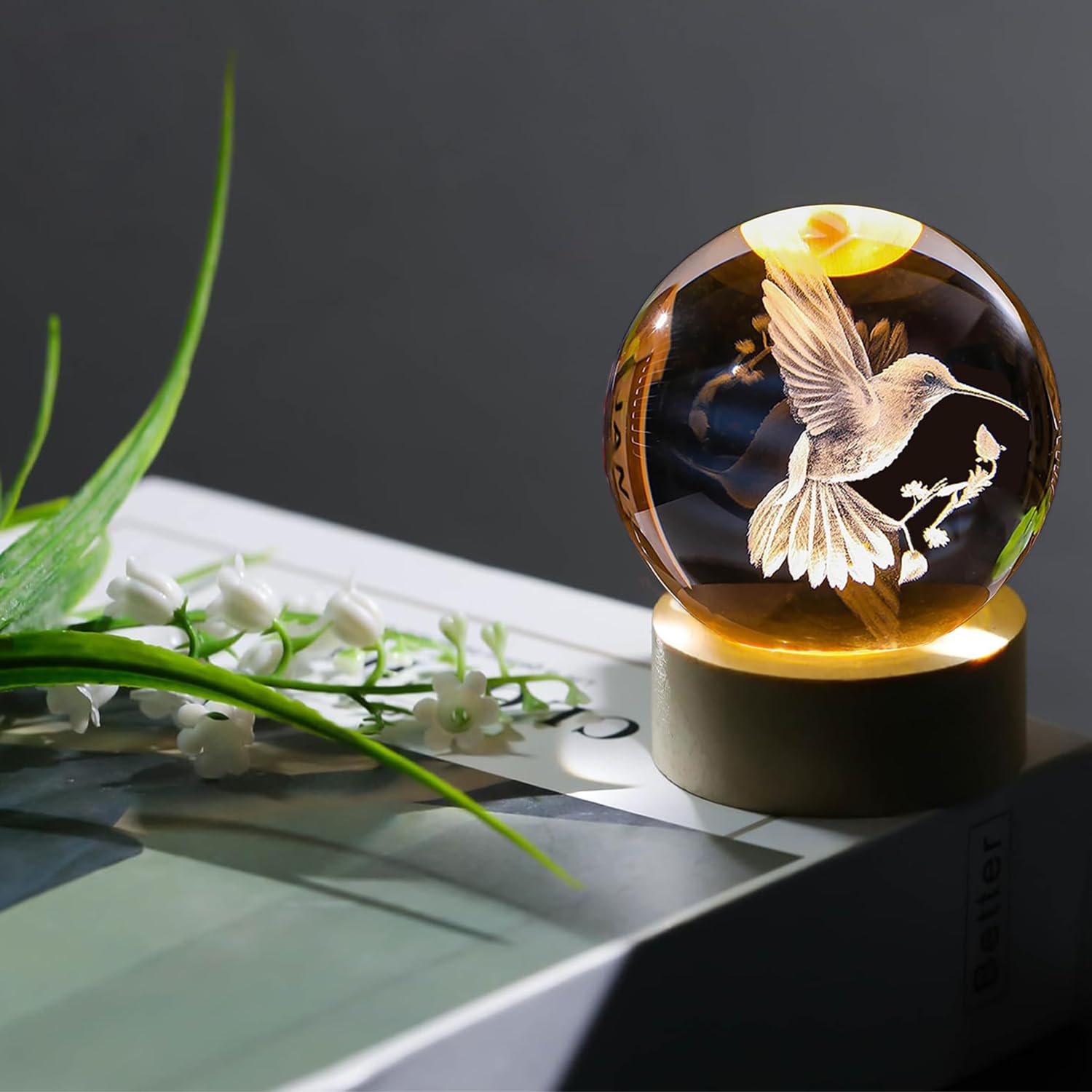 3D Laser Engraved Hummingbird Crystal Ball with LED Base - 60mm Glass Figurine Lamp, Night Light & Paperweight - Unique Home Decor Gift for Birthdays, Anniversaries (Perfect for Bedroom, Office Desk & Gift Giving)
