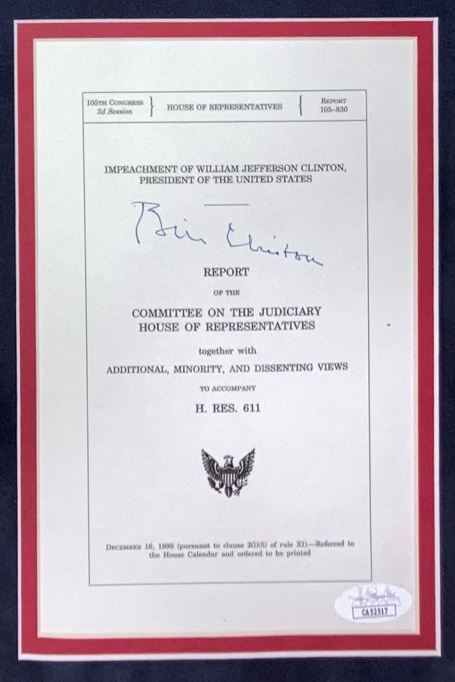 Authentic Bill Clinton Signed Impeachment Letter with Monica Lewinsky - JSA Certified Blue Frame - Perfect for Political Memorabilia Collectors & History Enthusiasts