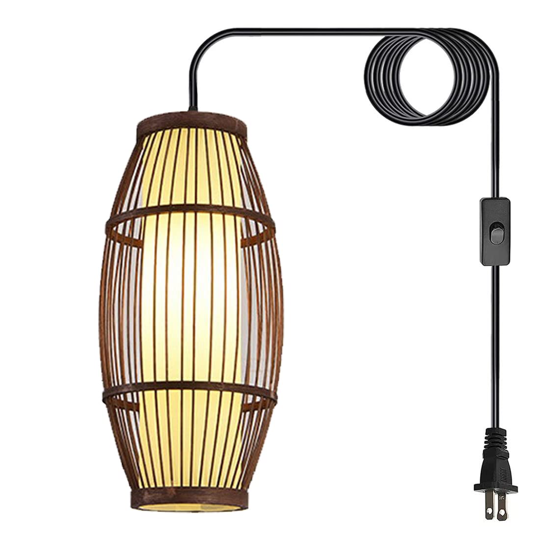 Vintage Asian Style Brown Drum Bamboo Pendant Light - Handwoven Rattan Lampshade with Yellow Inner Shade - E27 Ceiling Fixture for Living Room, Bedroom & Restaurant Decor - Boho Home Lighting & Hanging Chandelier