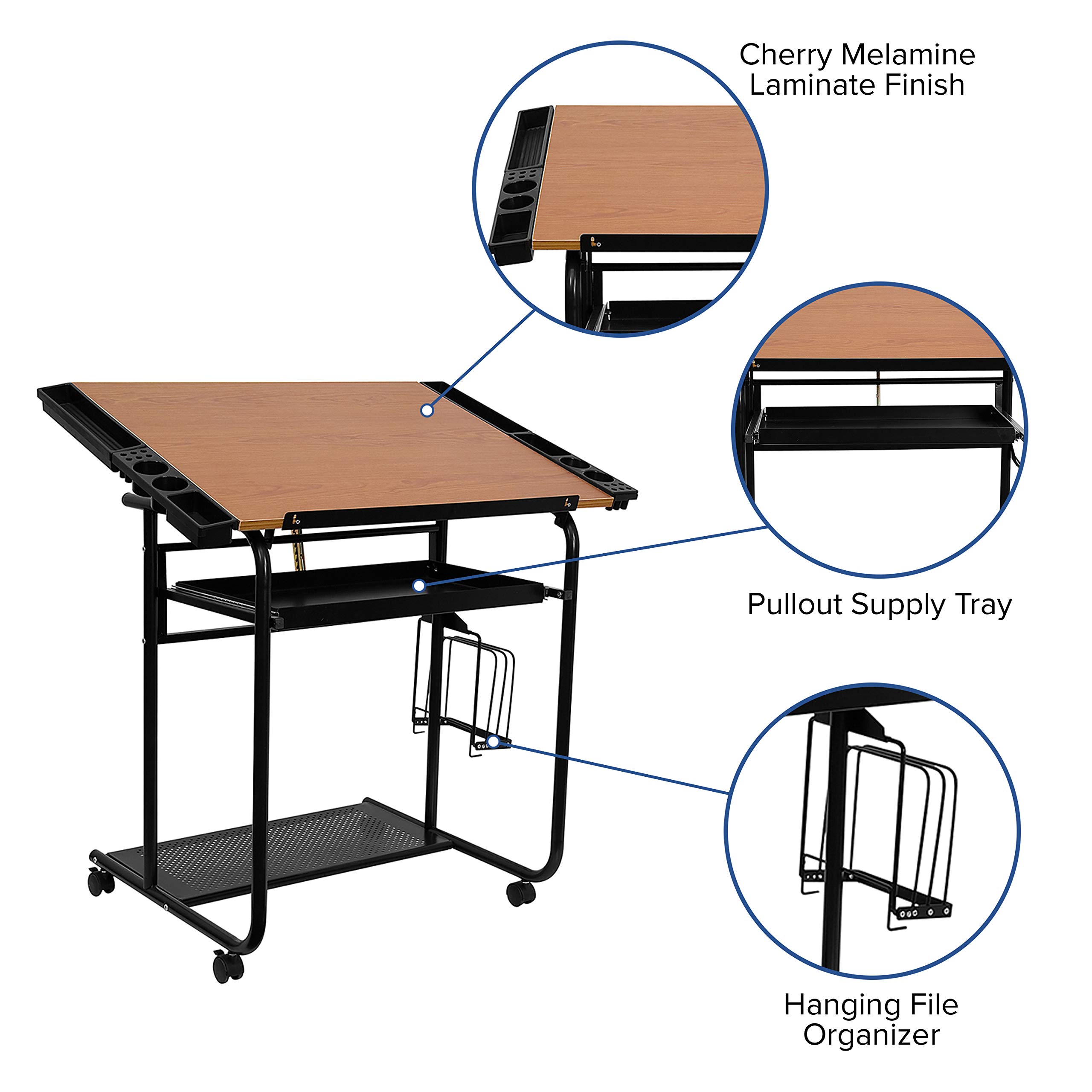 Adjustable Drafting Table with Dual Wheel Casters - EMMA & OLIVER Ergonomic Drawing Desk for Artists & Architects | Perfect for Home Studio, Office & Classroom Workspaces