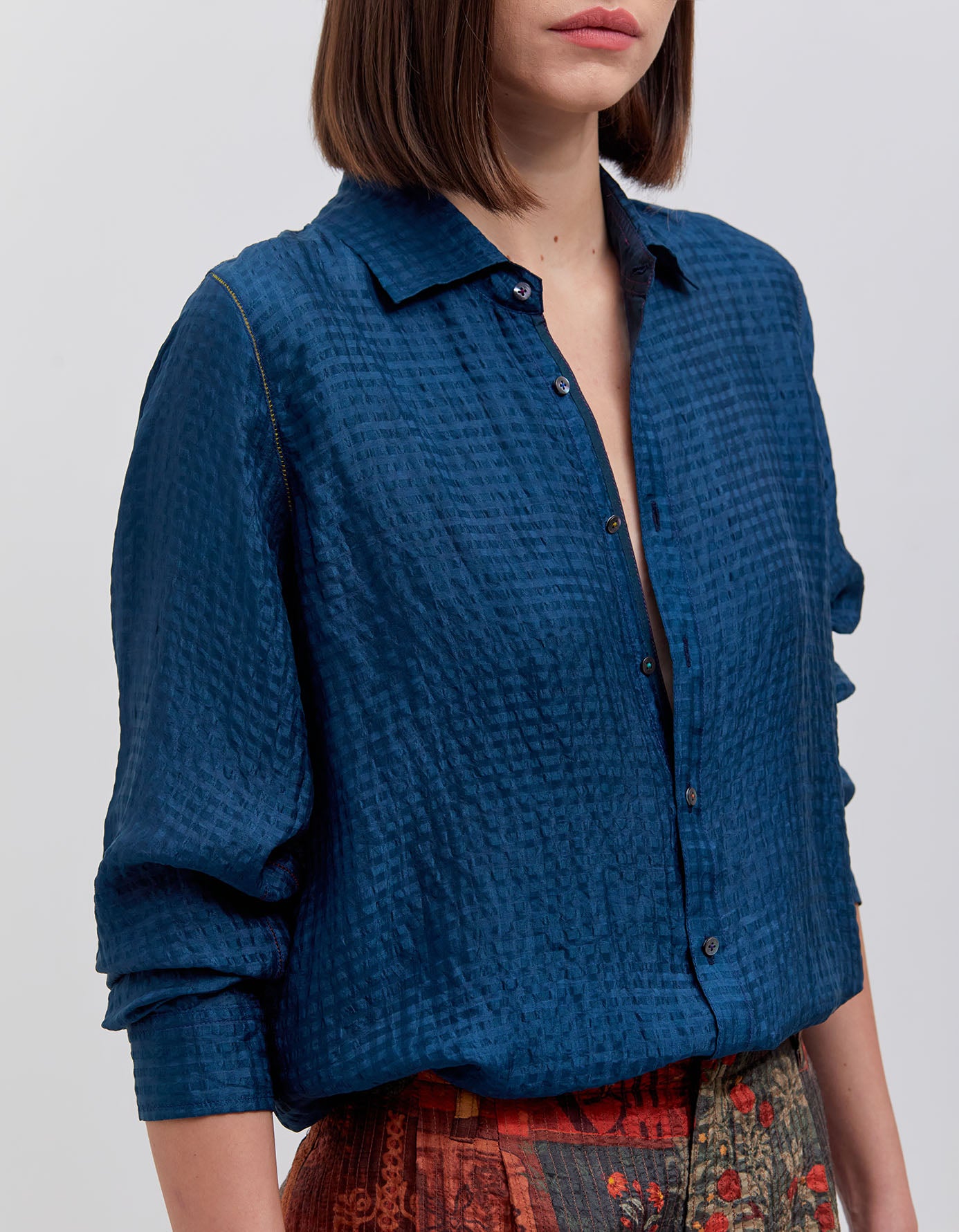 Stylish Oversized Silk Shirt in Teal Check Print - Perfect for Casual Outings & Office Wear