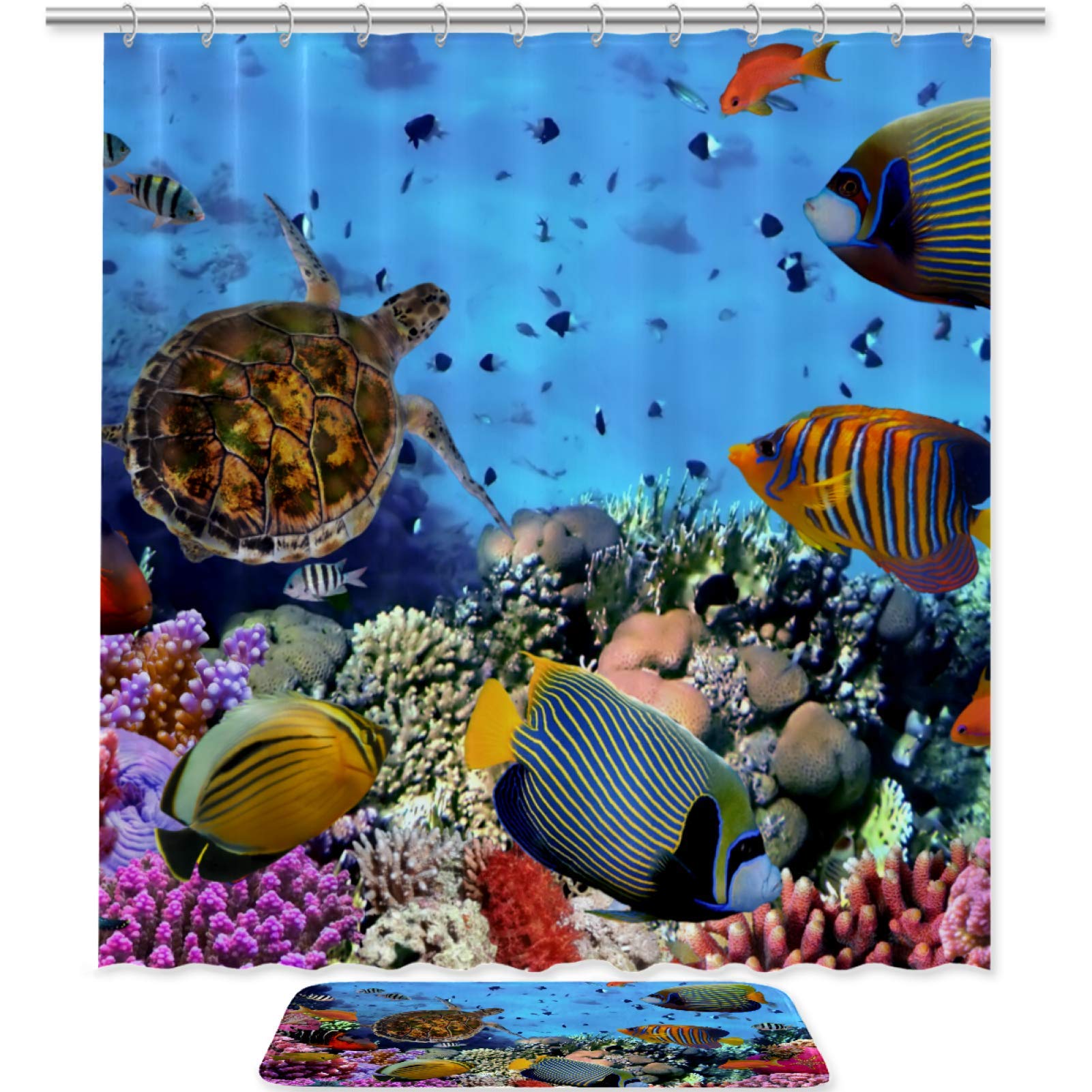 Premium Bathroom Rug and Shower Curtain Set - 2-Piece Polyester Underwater Sea Turtle & Coral Fish Design - Non-Slip Floor Mat for Bath, Shower, and Beach House Decor
