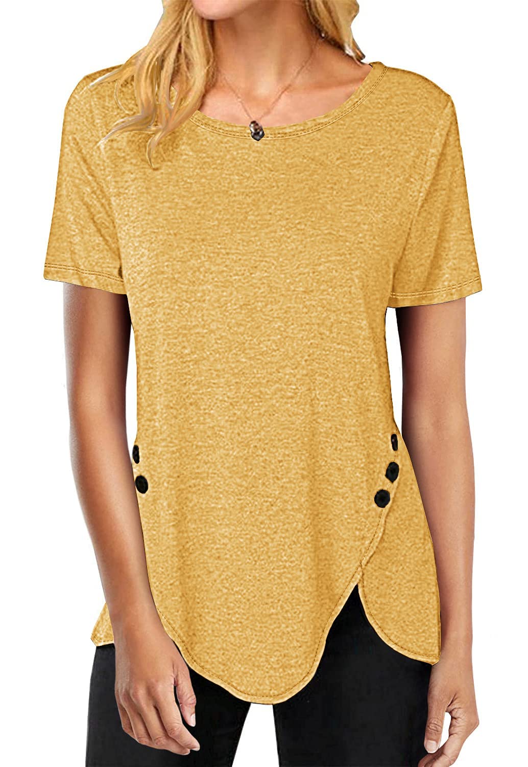 Women's Casual Summer Tops - Short Sleeve Round Neck T-Shirts & Loose Fit Tunics with Asymmetrical Hem & Side Buttons | Perfect for Beach Outings, Weekend Brunch & Summer Travel