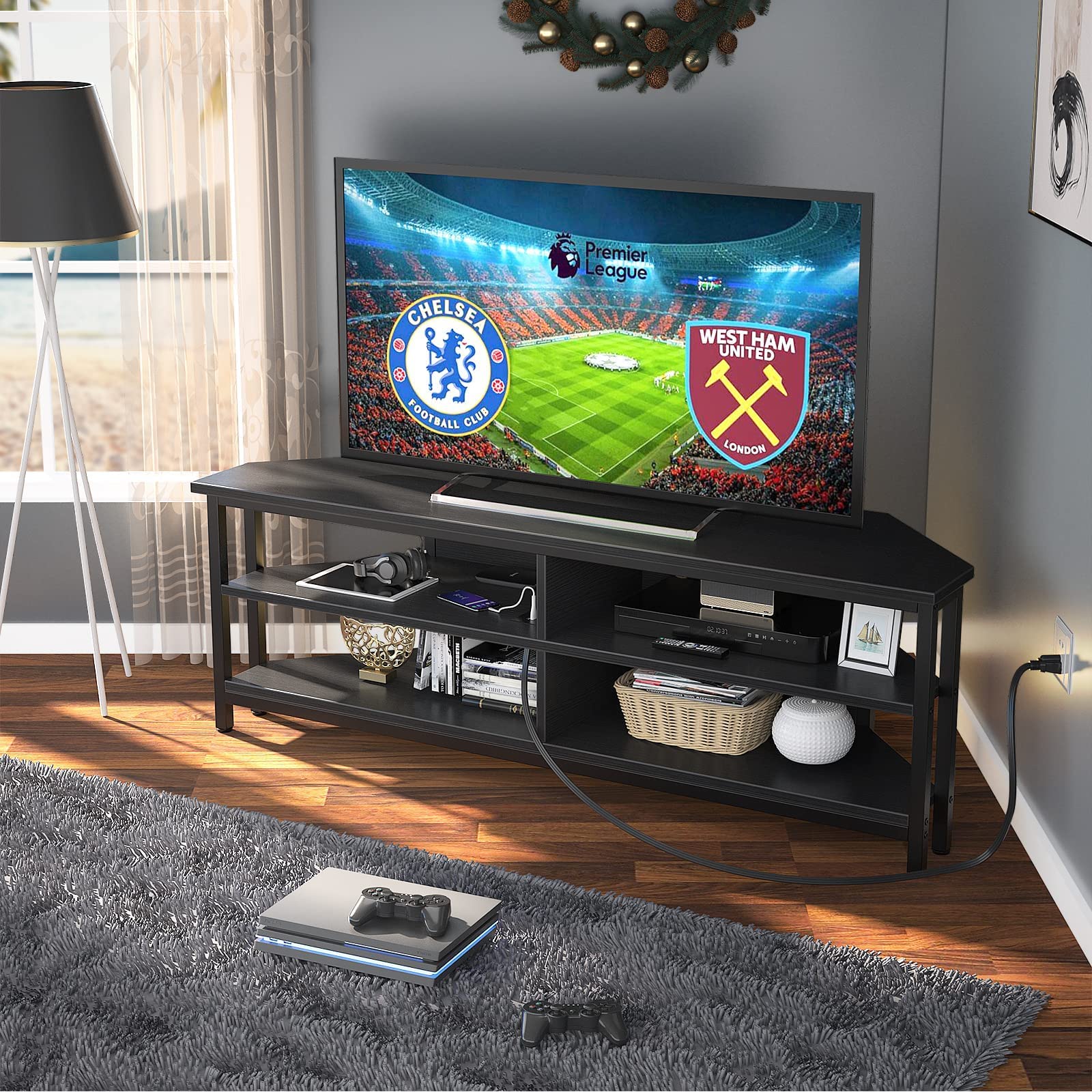 Unikito Corner TV Stand with Power Outlet - Wooden Entertainment Center with 4 Open Shelves, Corner TV Cabinet for Living Room & Bedroom - Fits 55 Inch TVs (Black) | Perfect for Small Spaces & Home Theater Setups