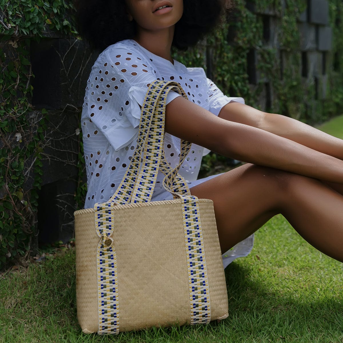 Handwoven Bamboo Vegan Small Tote Bag - Eco-Friendly Natural & Yellow Women's Shoulder Bag for Beach, Shopping & Daily Use