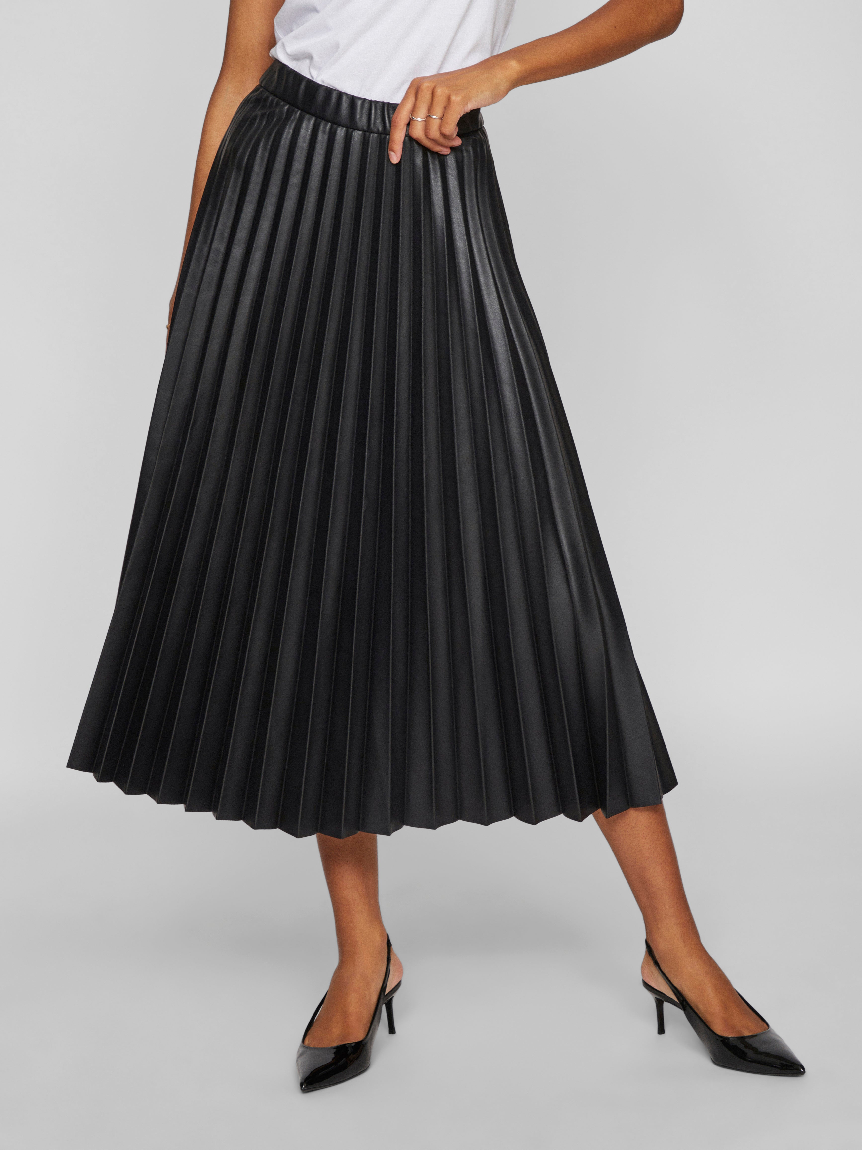 Miriam Faux Leather Midi Skirt for Women - Stretchy Vegan Leather Pencil Skirt with Side Slit, Black - Perfect for Office, Party & Night Out