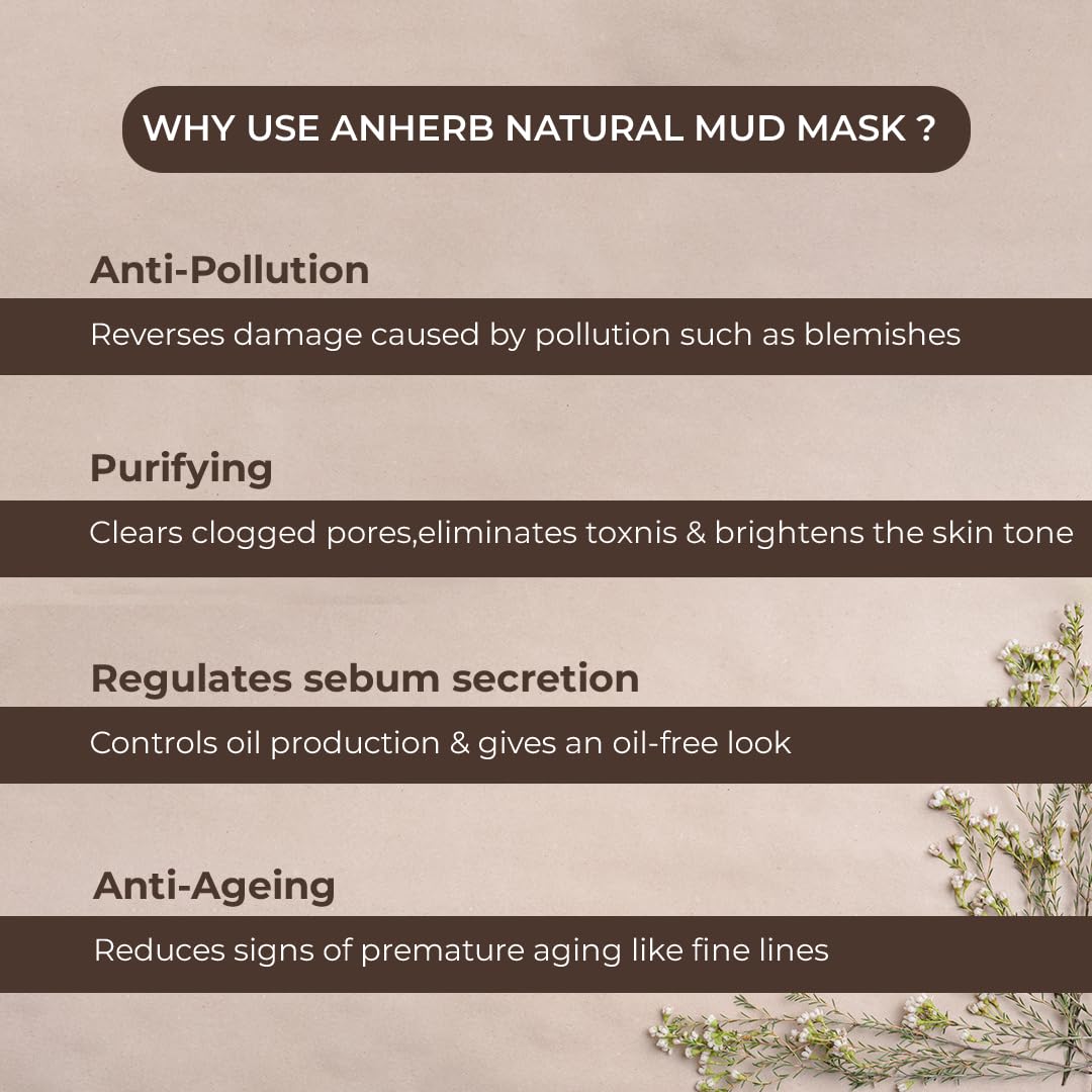 Anherb Dead Sea Mud Mask for Glowing Skin - Natural Face Mask for Dry & Oily Skin, Acne Treatment, Blemish Removal, Skin Tightening & Brightening | Hydrating Facial Mask with Brightening Serum | 200g Pack | Perfect for Spa Night, Self-Care Routine & Skin Detox