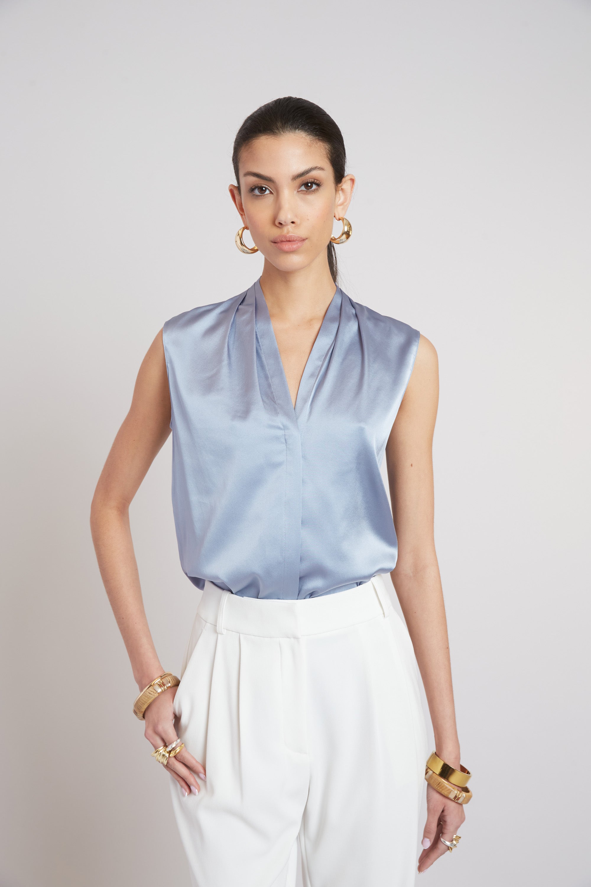 Women's Sleeveless Silk Button Down Shirt - Elegant Blouse for Office, Party & Summer Outfits