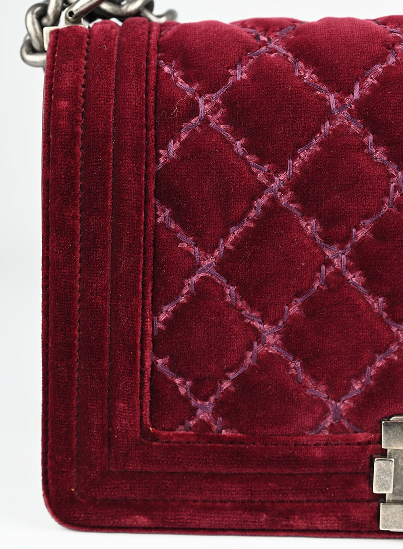 Chanel Burgundy Velvet Boy Bag - Luxury Quilted Shoulder Bag for Women | Perfect for Evening Parties, Weddings & Special Occasions
