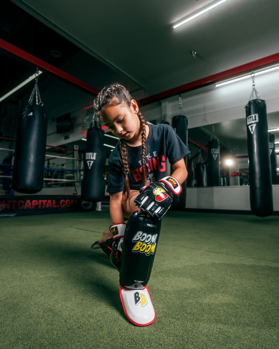 BOOM BOOM Boxing Bomber Youth Shin Guards - Kids & Teens MMA, Muay Thai, Kickboxing Protective Gear for Training & Competition