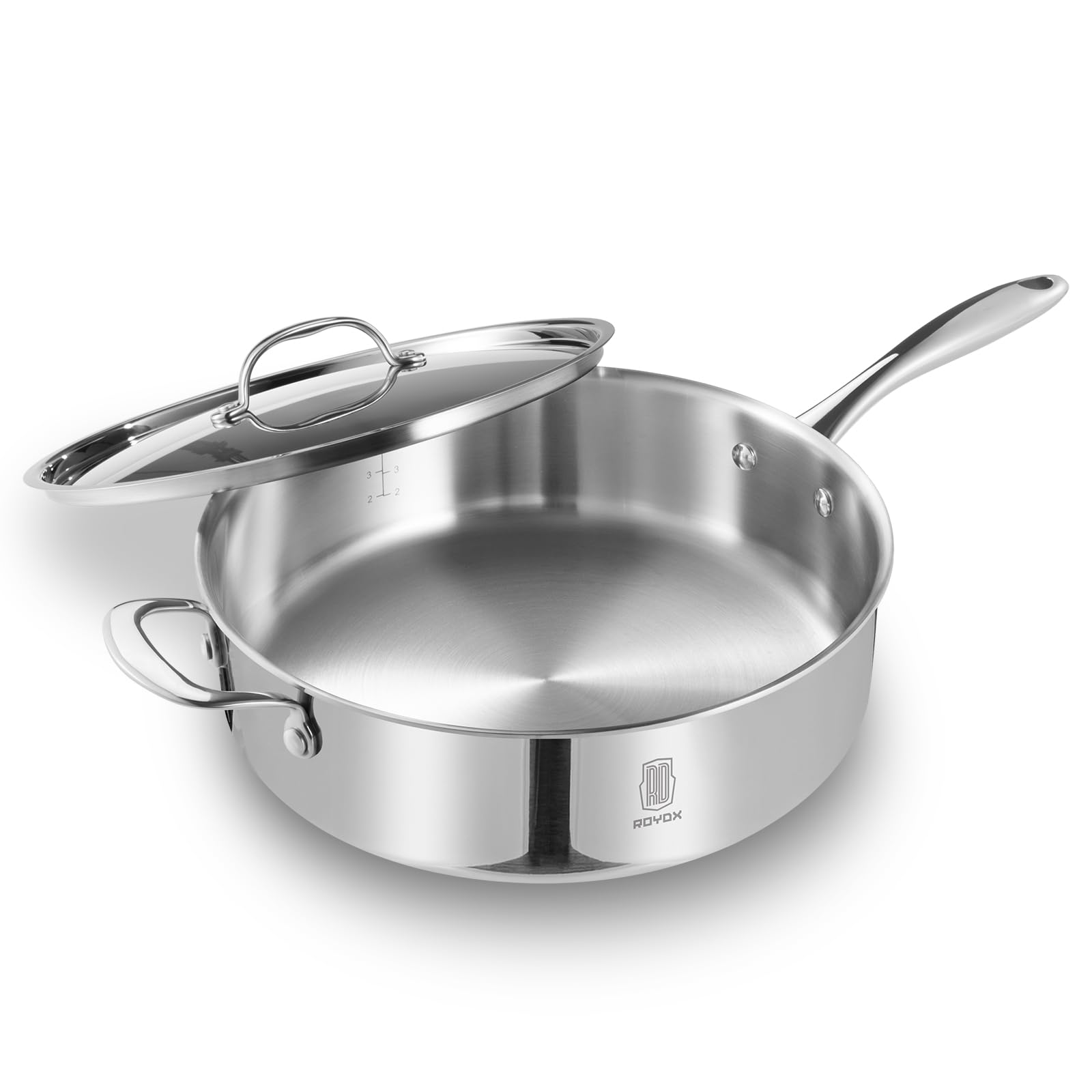 ROYDX 12 Inch Stainless Steel Skillet with Lid - 5qt Deep Frying Pan, Tri-Ply Clad Non-Toxic Cookware, Stay-Cool Handle, Induction Compatible, Oven & Dishwasher Safe - Perfect for Searing, Stir-Frying & Family Cooking