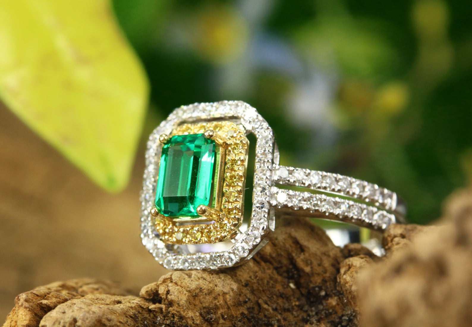 1.50tcw Emerald & Fancy Yellow Diamond Ring in Two-Tone 14K Gold - Elegant Wedding, Engagement & Anniversary Jewelry Gift for Women