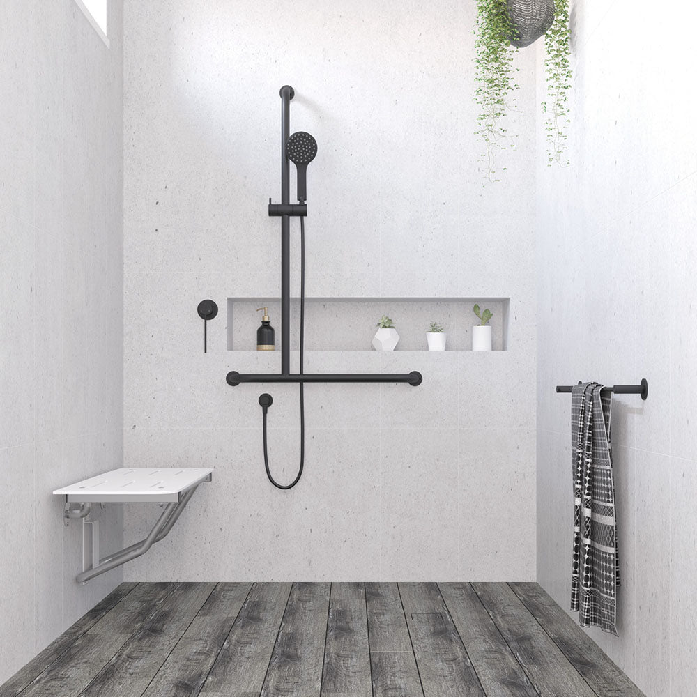 Fienza 444113BLH Right Hand Inverted T-Rail Shower System in Matte Black - Modern Bathroom Fixture for Luxurious Spa Experience