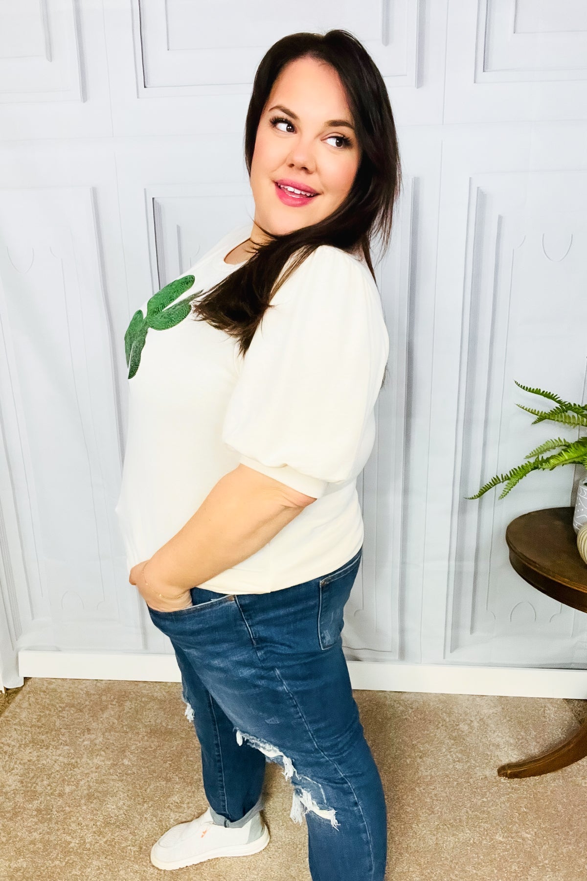 Haptics Saint Patrick's Day Sequin Clover French Terry Puff Sleeve Top for Women | Festive Party & Holiday Outfit