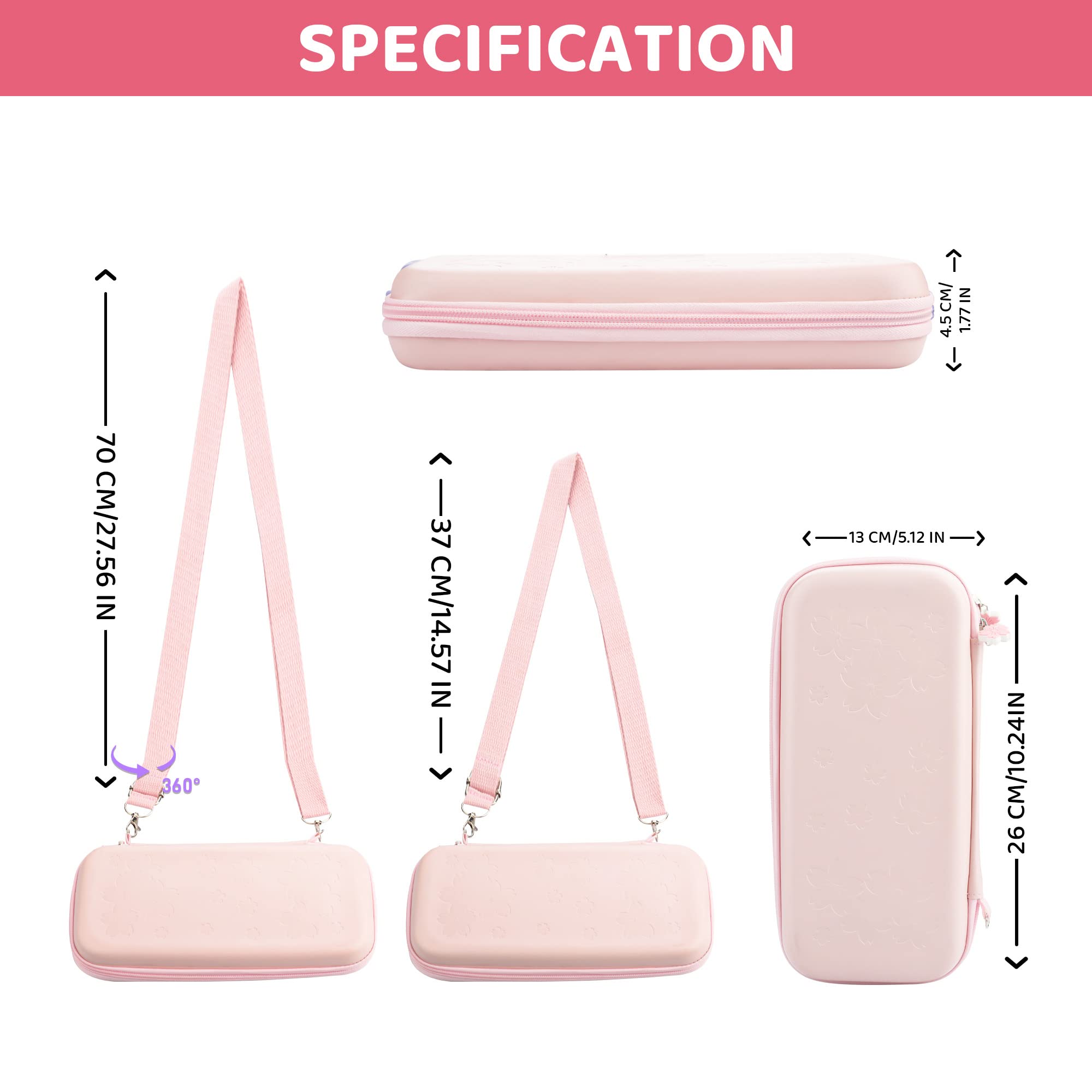 9-in-1 Nintendo Switch OLED Carrying Case Set - Cute Pink Travel Case with Hard PC Cover, Tempered Glass Screen Protector, Thumb Grips, Wrist Bands & Shoulder Strap | Perfect for Girls Gaming On-The-Go, Travel Protection & Console Storage