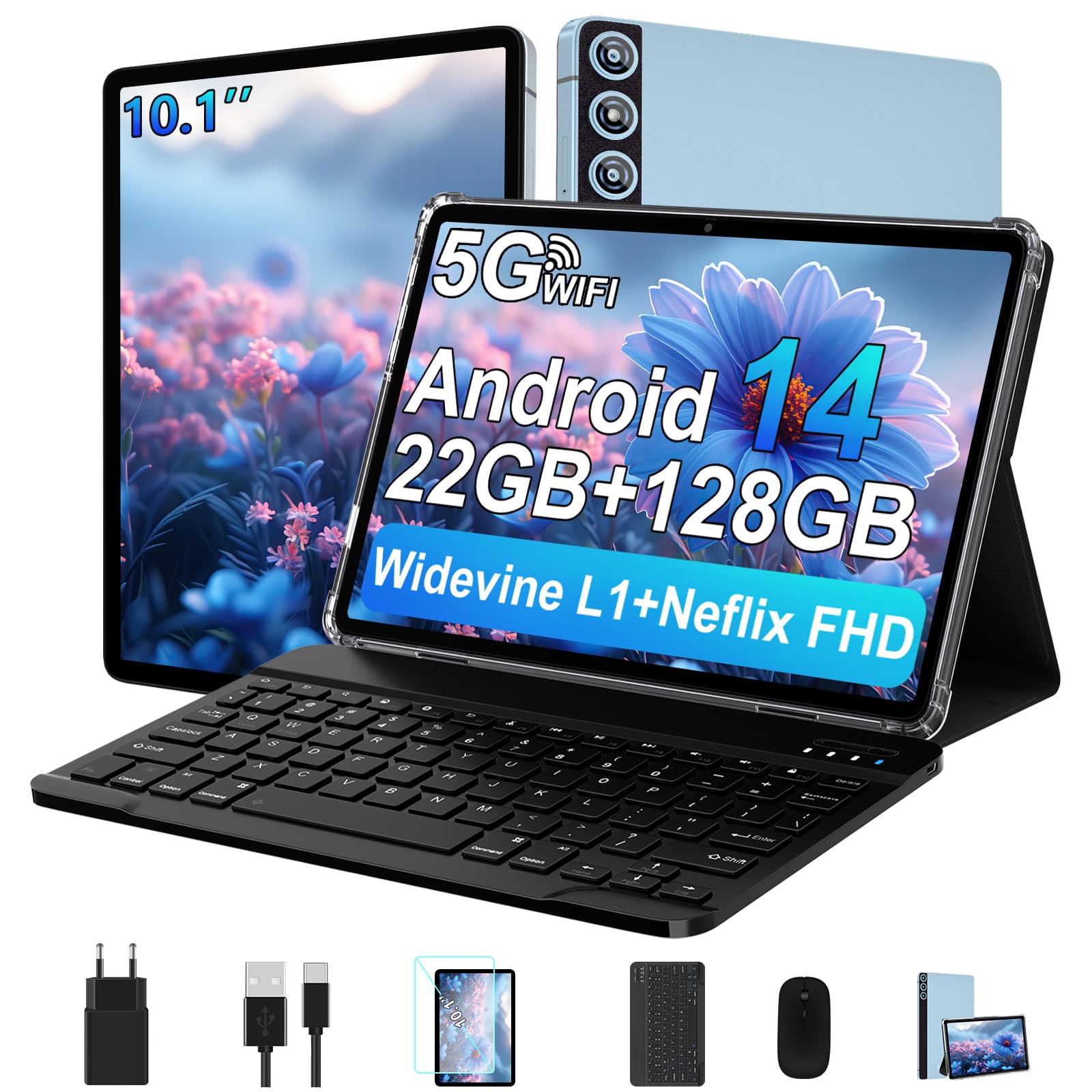 ZIOVO 10 Inch Android 14 Tablet with 22GB RAM 128GB ROM (Expandable to 1TB), Octa-Core 2.0GHz, 8000mAh Battery, 5G WiFi, Widevine L1, Bluetooth 5.0 - Blue Metal Keyboard Bundle for Work, Study & Entertainment