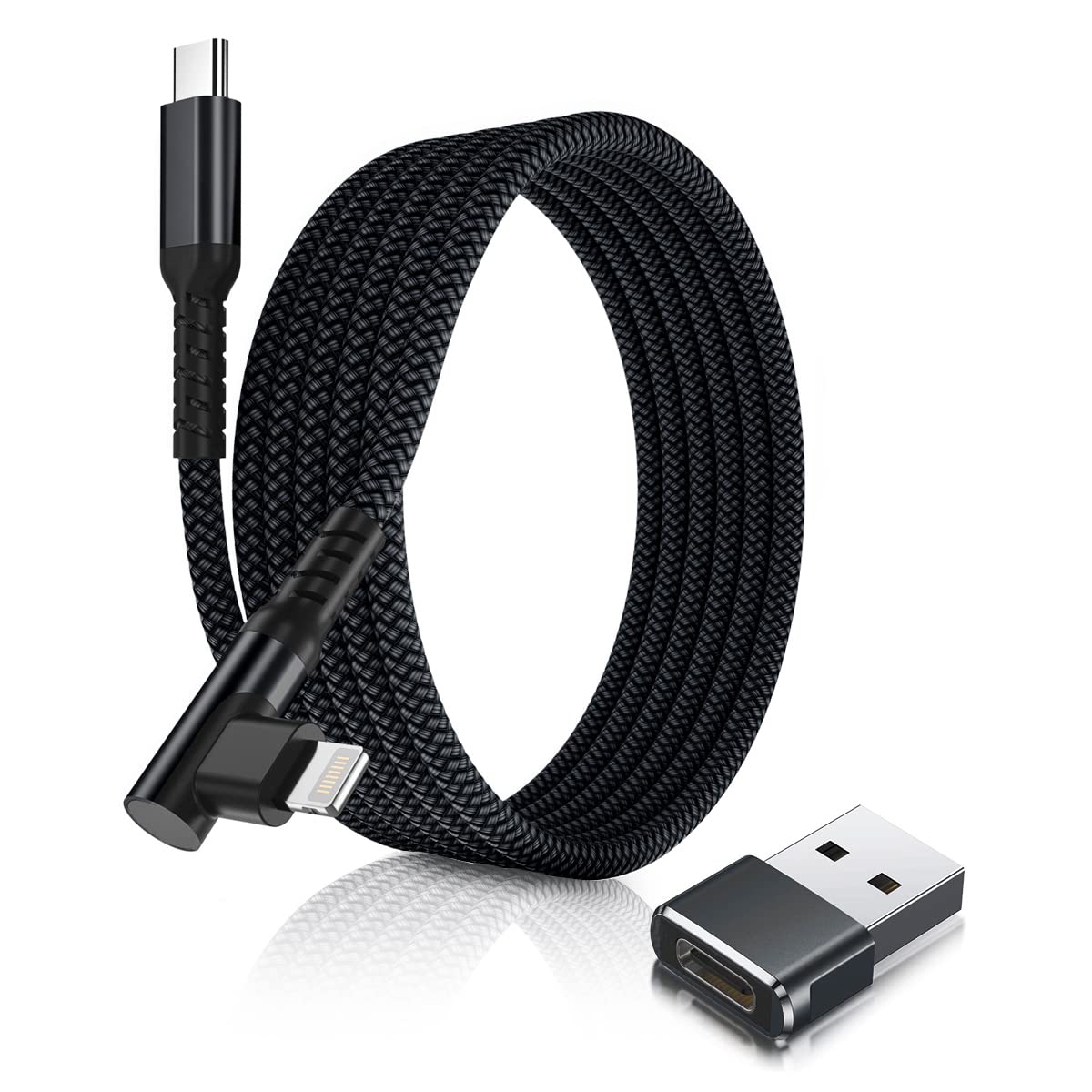 Right Angle USB C to Lightning Cable 3M with USB A Adapter - Fast Charging Cord for iPhone 14/13/12/11 Pro Max/Mini/Plus, XS/XR/X, 8/7/SE & iPad 9th/8th Gen - Perfect for Car, Bedside & Travel Charging
