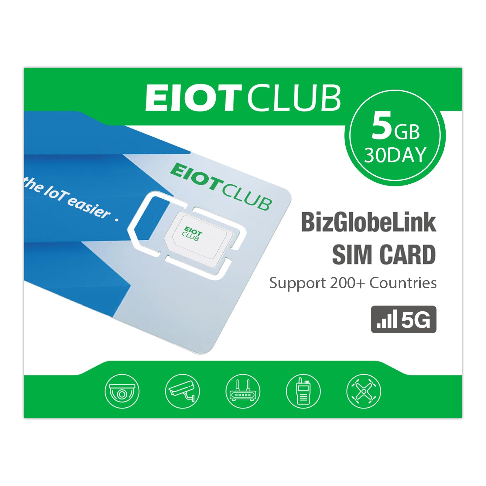 EIOTCLUB 5GB/30Day International Travel SIM Card - 5G/4G LTE Prepaid Data SIM with Global Roaming Coverage - No Contract 3-in-1 SIM for Phone, Router & WiFi Hotspot - Perfect for Business Trips, Vacation & Remote Work