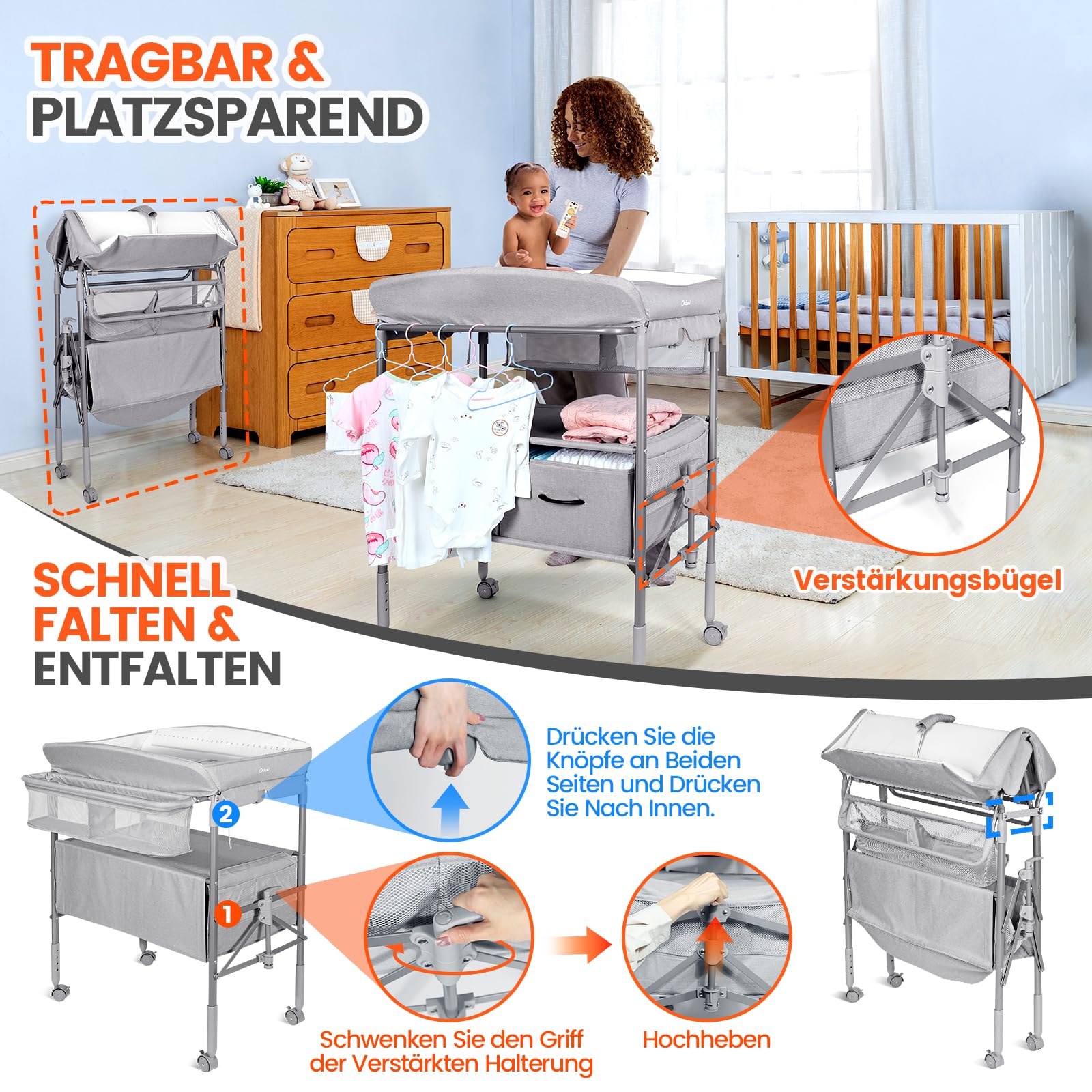 Portable Baby Changing Table with Drawers & Night Light - Adjustable Height, Foldable Design with Safety Strap - Spacious Storage for Nursery, Gray - Perfect for Diaper Changes & Late-Night Care