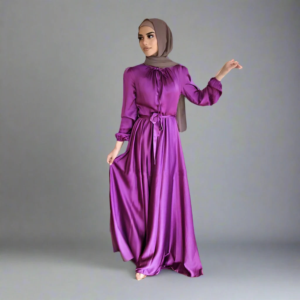 8 Colors Muslim Women's Satin Abaya Dress - Modest Islamic Prayer Dress for Eid, Ramadan & Special Occasions