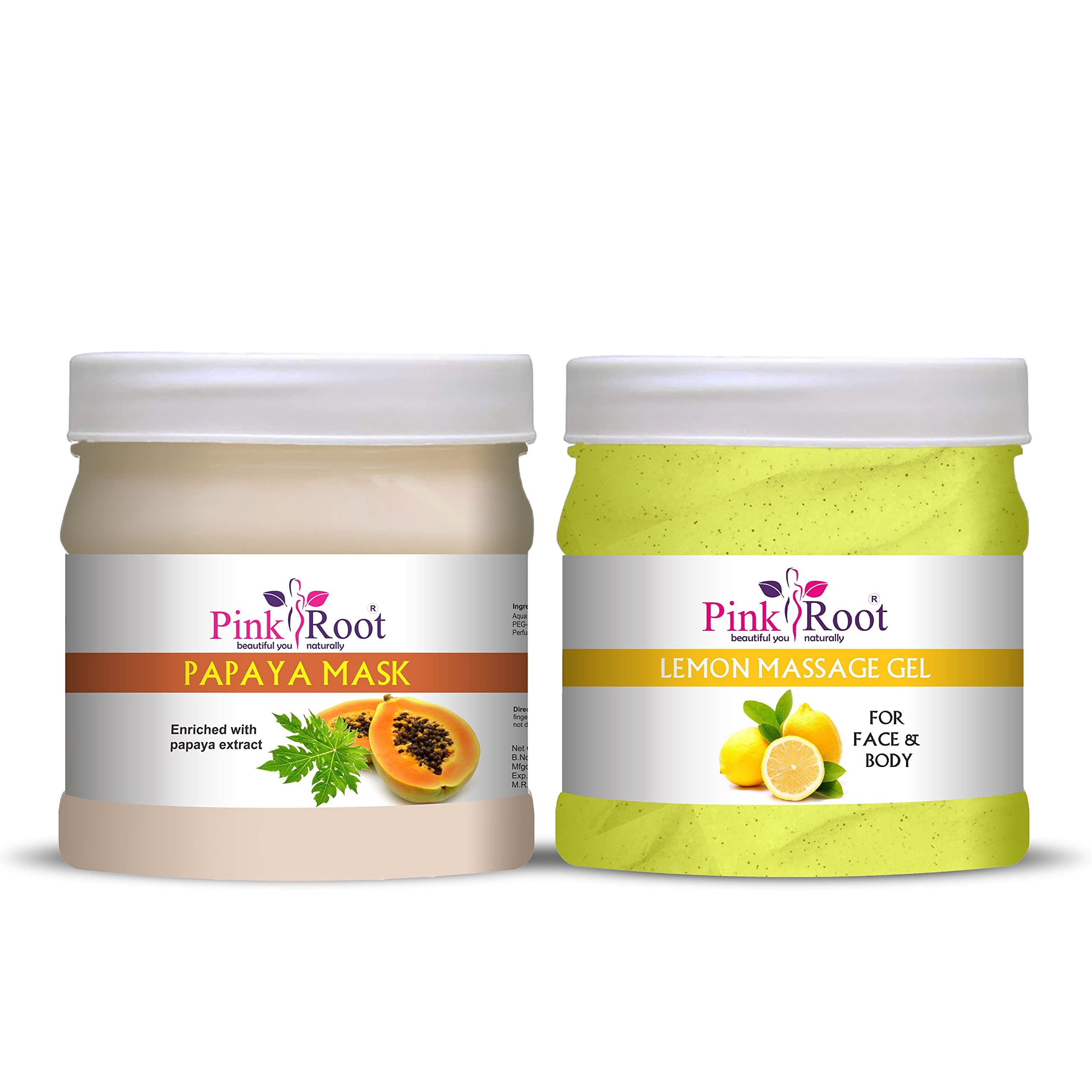Organic Pink Root Lemon Massage Gel & Papaya Face Mask Set - 500ml Each for Relaxation & Skin Brightening | Spa, Home Self-Care & Gift Idea