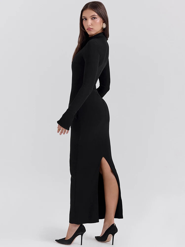 Elegant Black Long Sleeve Bodycon Maxi Dress for Women - O Neck with Two Pockets & Back Split - Perfect for Fall Winter Fashion, Date Nights, and Evening Parties