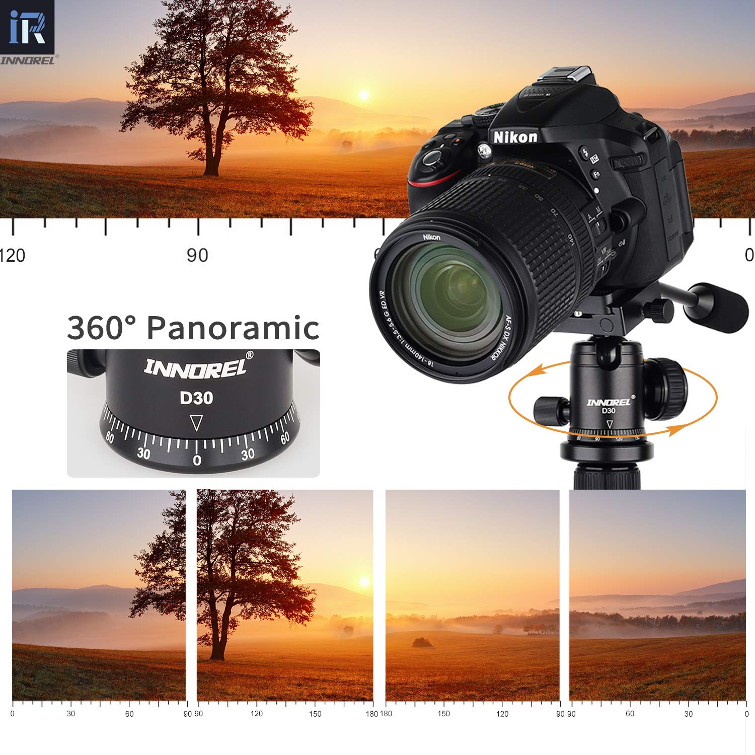 INNOREL D30 Heavy Duty Tripod Ball Head with Handle - 360° Panoramic Ballhead for DSLR, Camcorder, Telescope | 1/4