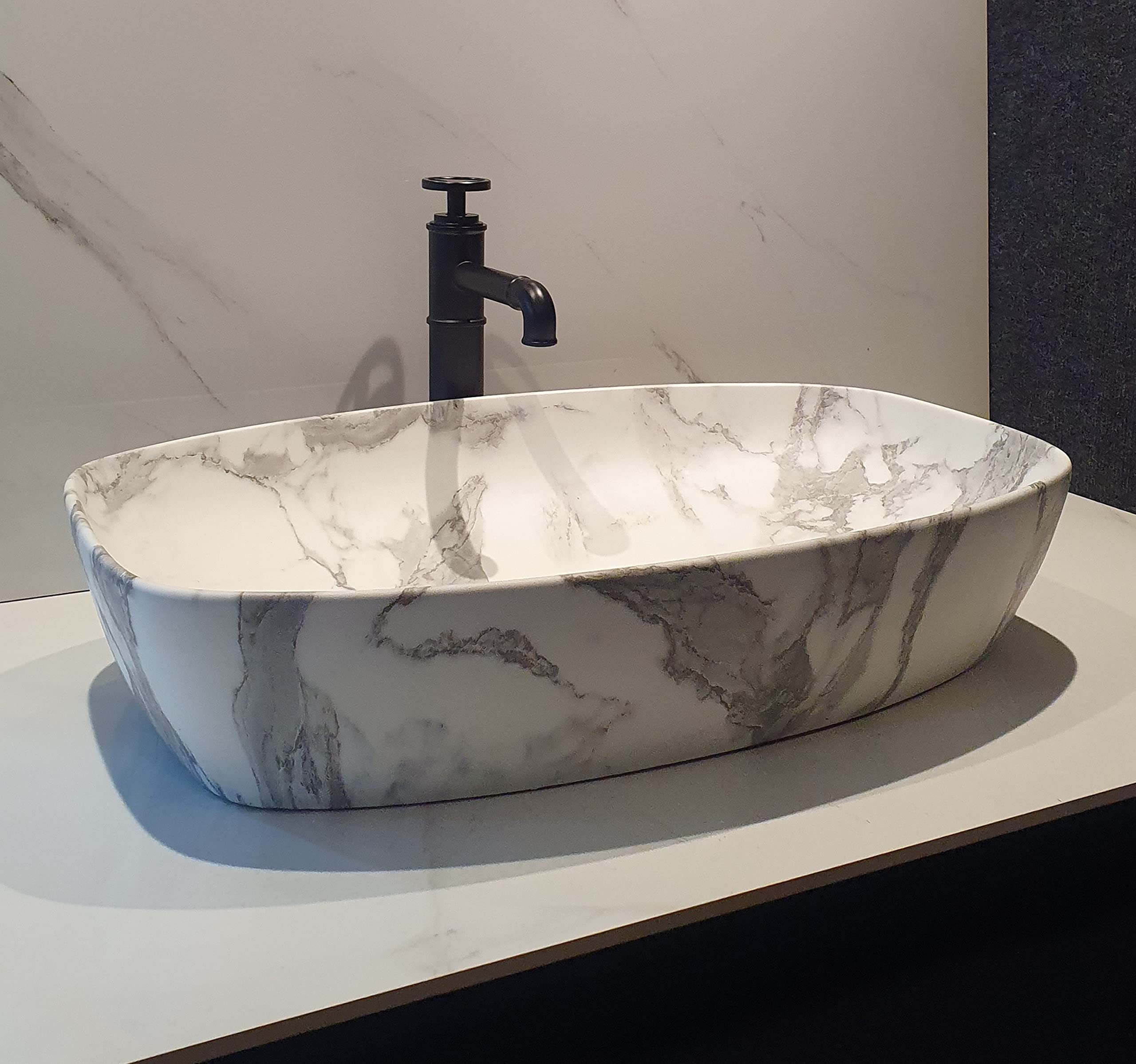 Ceramic Vessel Sink 24x15x5 Inches - White Matte Countertop Bathroom Wash Basin for Vanity, Powder Room & Living Room Decor | Modern Over Counter Design for Home & Commercial Use