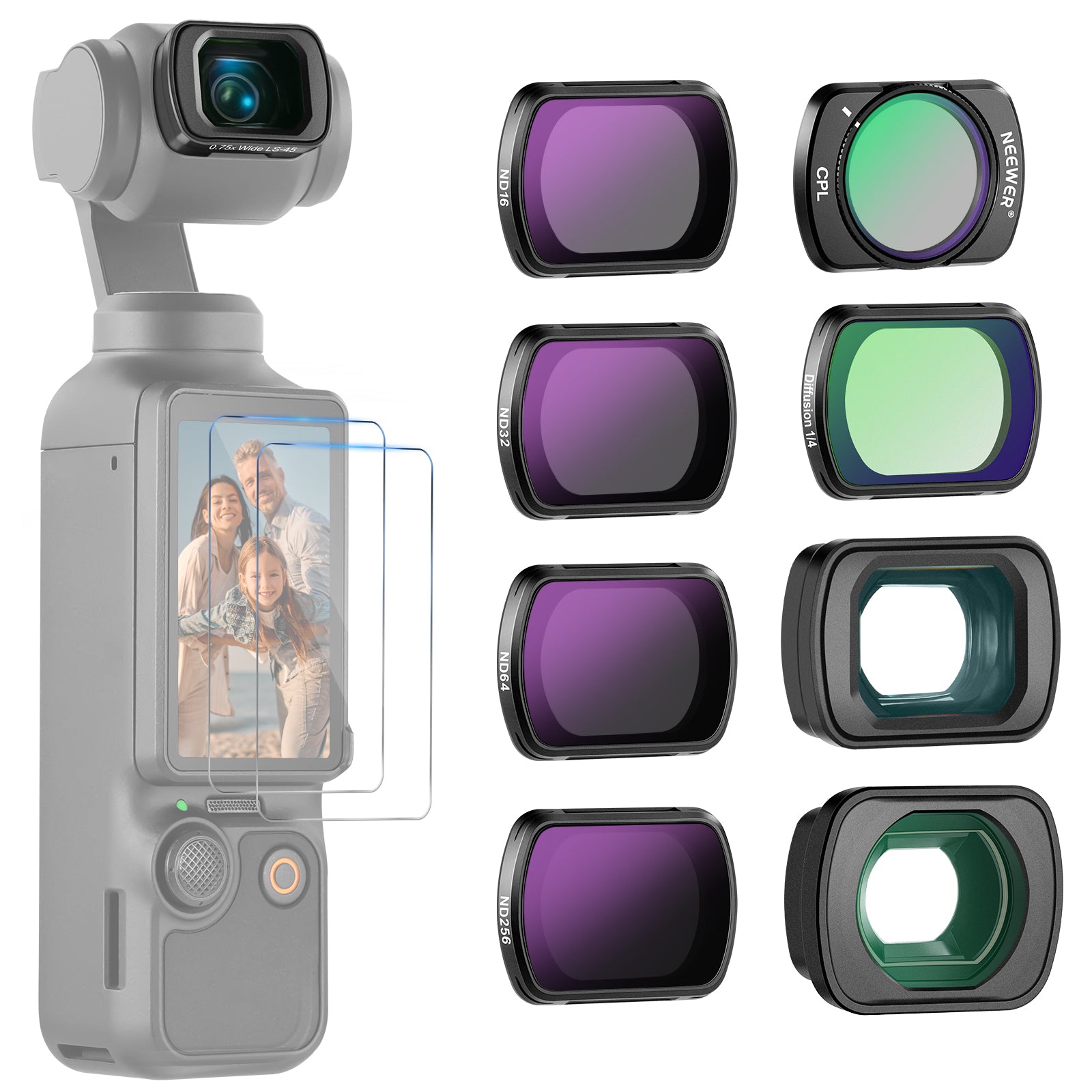 NEEWER FL B17 ND Filter Set with 0.75X Wide Angle & 2X Macro Lens for DJI Osmo Pocket 3 - Professional Camera Accessories for Vlogging, Travel & Outdoor Photography