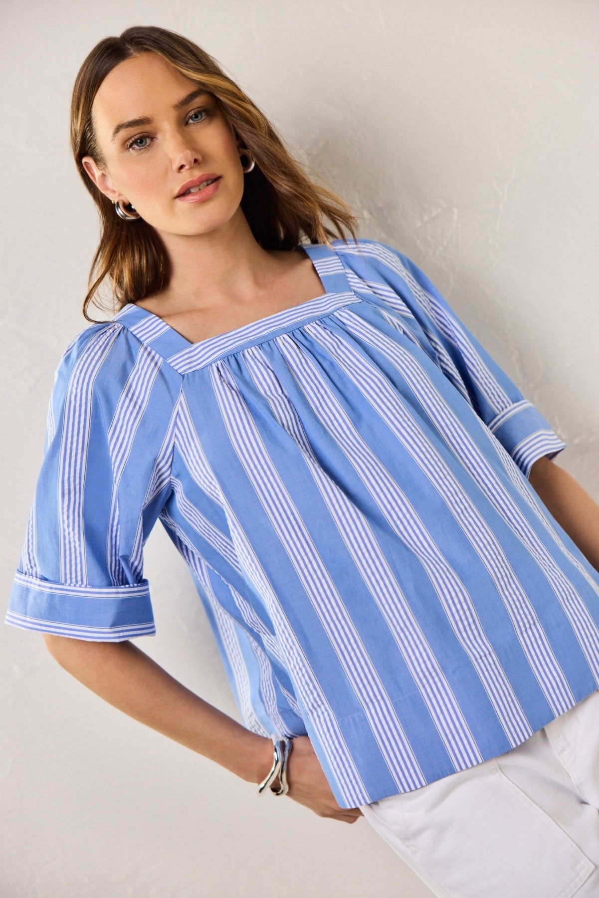 Violet Seersucker Striped Short Sleeve Popover Shirt for Women - Casual Summer Beachwear & Outdoor Activities