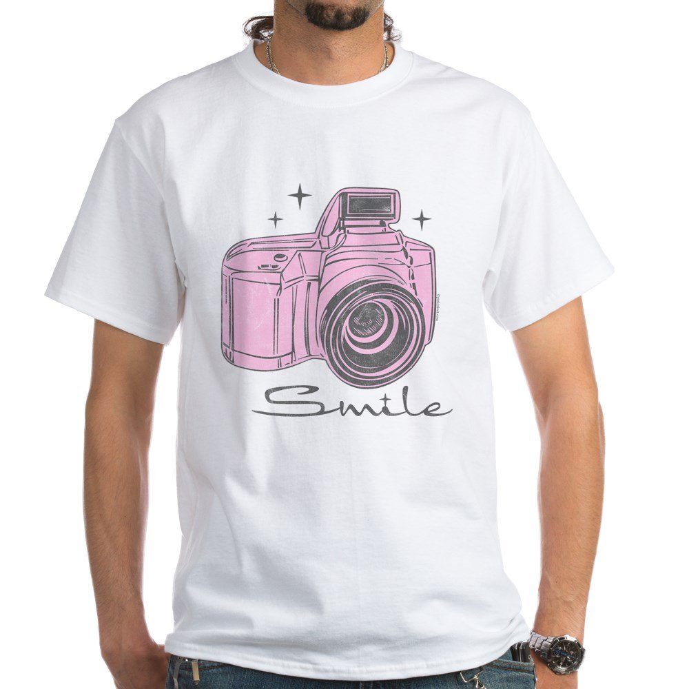 Camera Smile White Cotton T-Shirt for Photographers - Comfortable Casual Tee for Photography Enthusiasts, Perfect for Photo Shoots & Camera Club Events