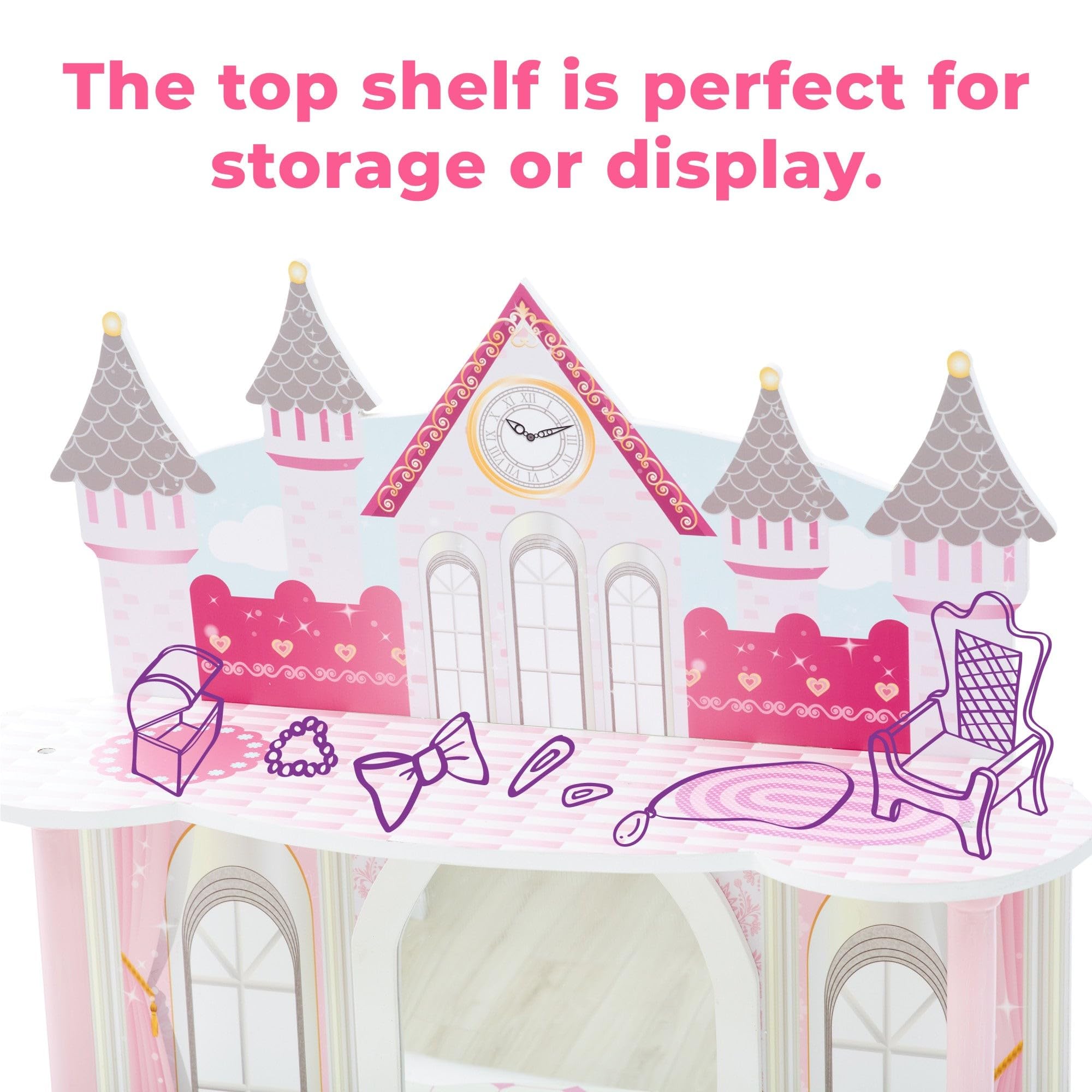 Teamson Kids Dreamland Princess Play Vanity Set with Mirror, Shelf, Storage Drawer & Stool - White & Pink Doll Furniture for 12