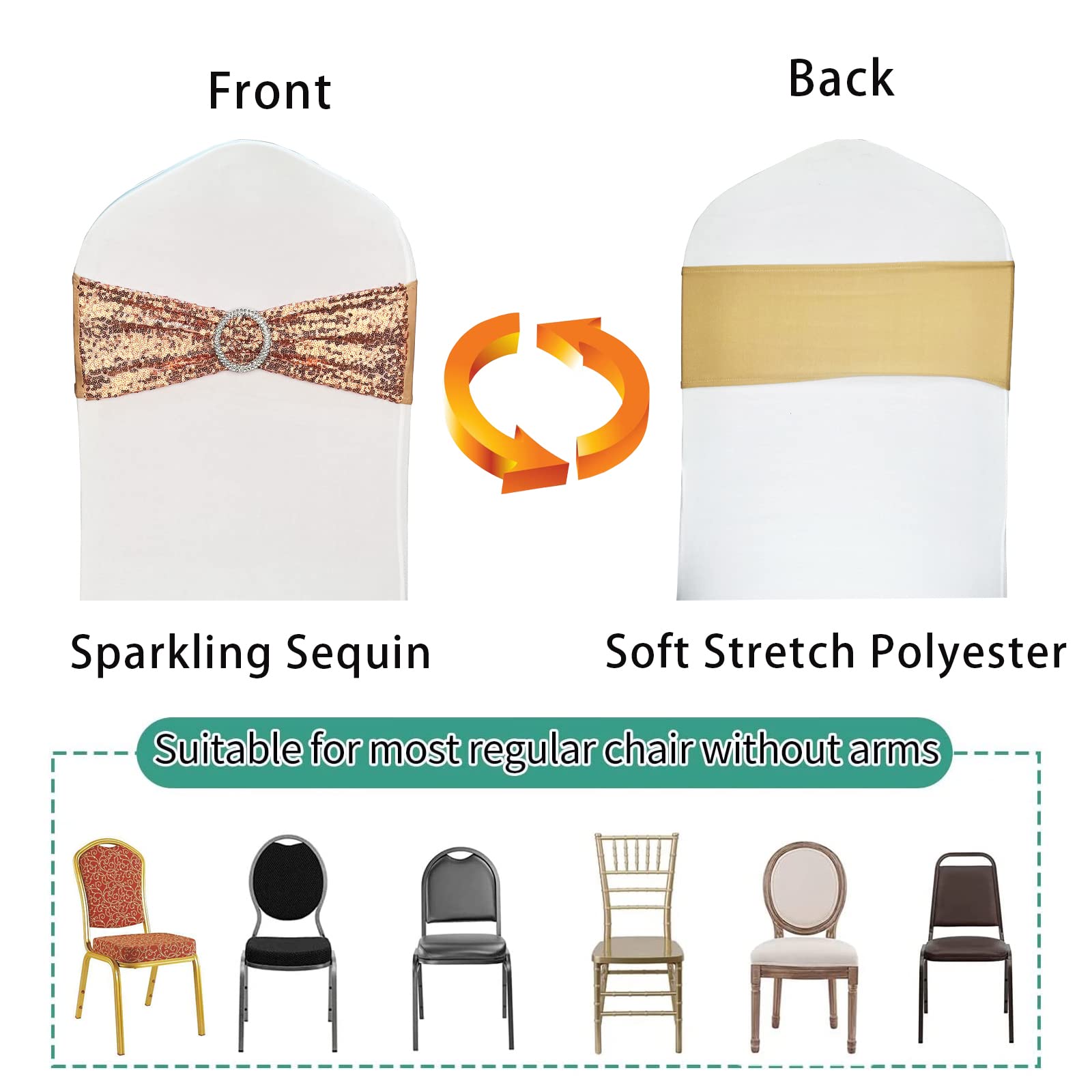 50 Stretch Sequin Chair Sashes - Spandex Chair Bands for Wedding, Party & Banquet Decor (Rose, 50 Pack) | Elegant Table Setting & Event Decoration Accessories