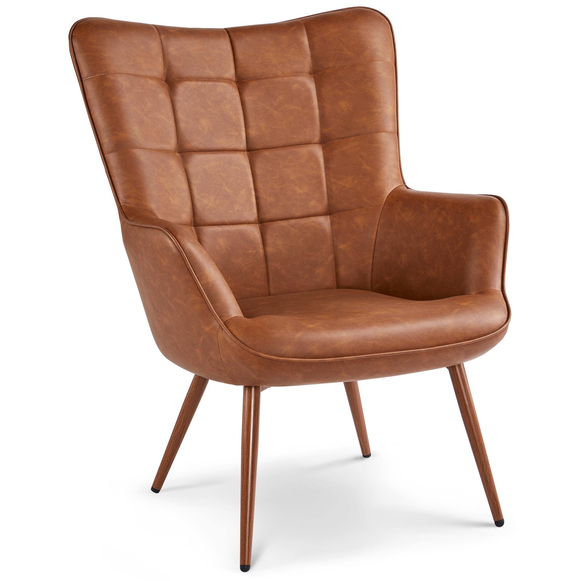 Yaheetech Modern Faux Leather Accent Chair - Brown Tufted Living Room Chair with Tapered Wooden Legs & Armrests for Bedroom, Office or Lounge - Perfect for Reading Nook, Home Theater Seating and Guest Room Decor