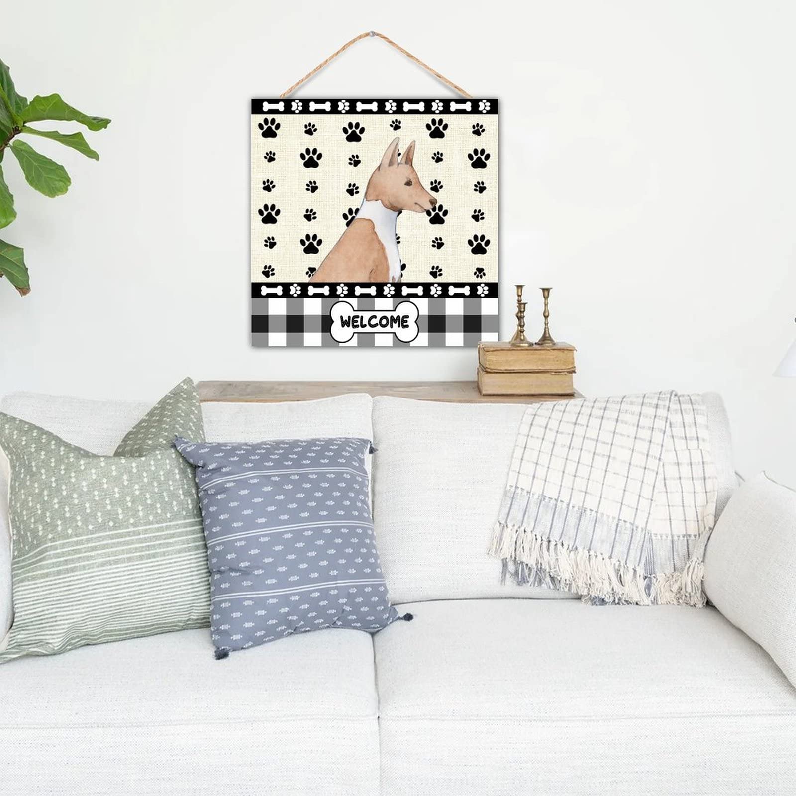 Rustic Wood Signs 8x8 Inch - Basenji Dog Paw Welcome Plaque, Farmhouse Wall Art Decor for Kitchen, Dining Room & Entryway - Perfect for Pet Lovers & Home Decor Gifts