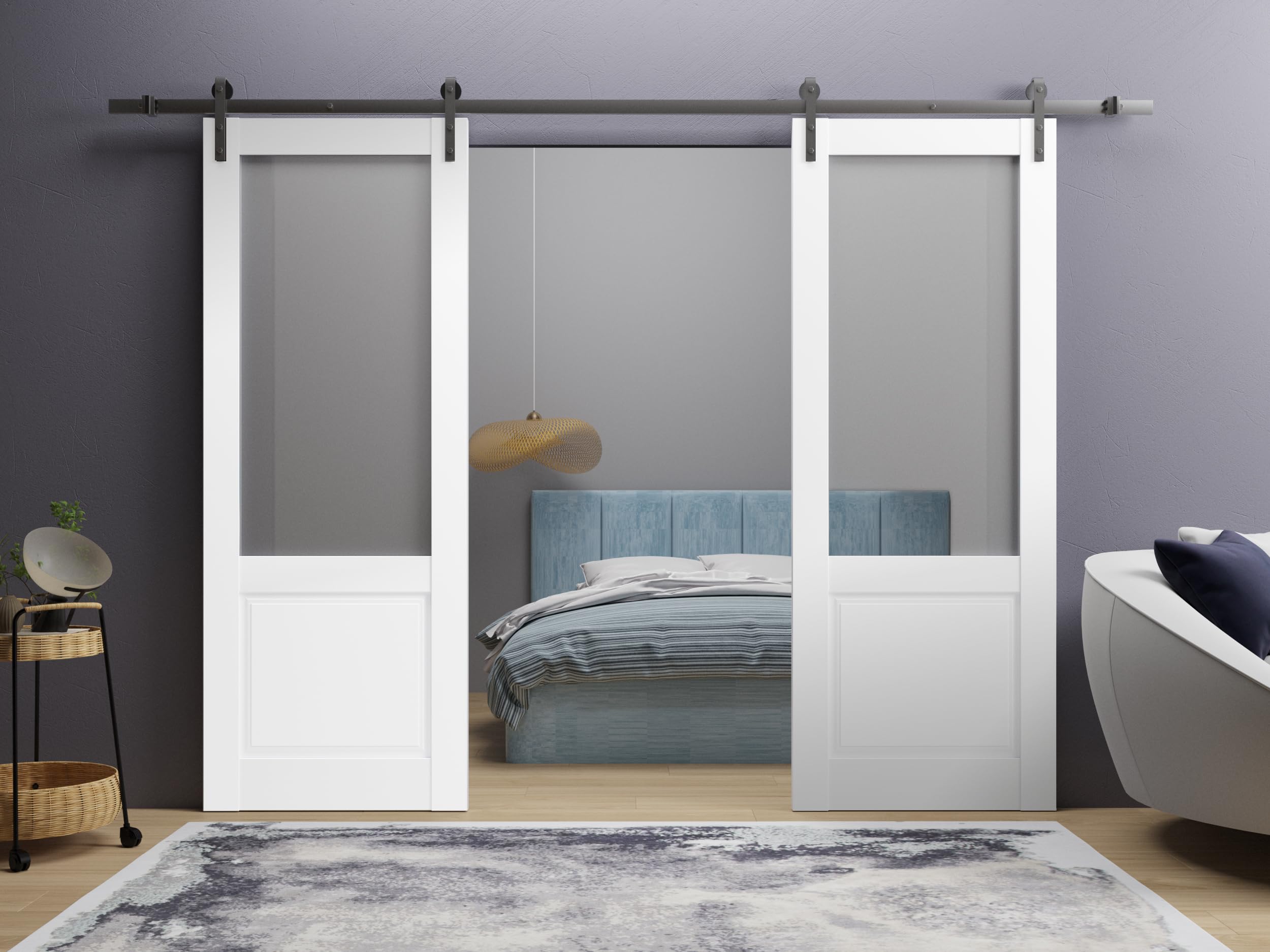 36 x 80 Inch Solid Wood Double Barn Door with Clear Glass Panels - Lucia 1533 White Silk Finish & 13FT Stainless Steel Rail Hangers - Heavy Duty Interior Sliding Doors for Bedroom, Closet, or Farmhouse Style Home
