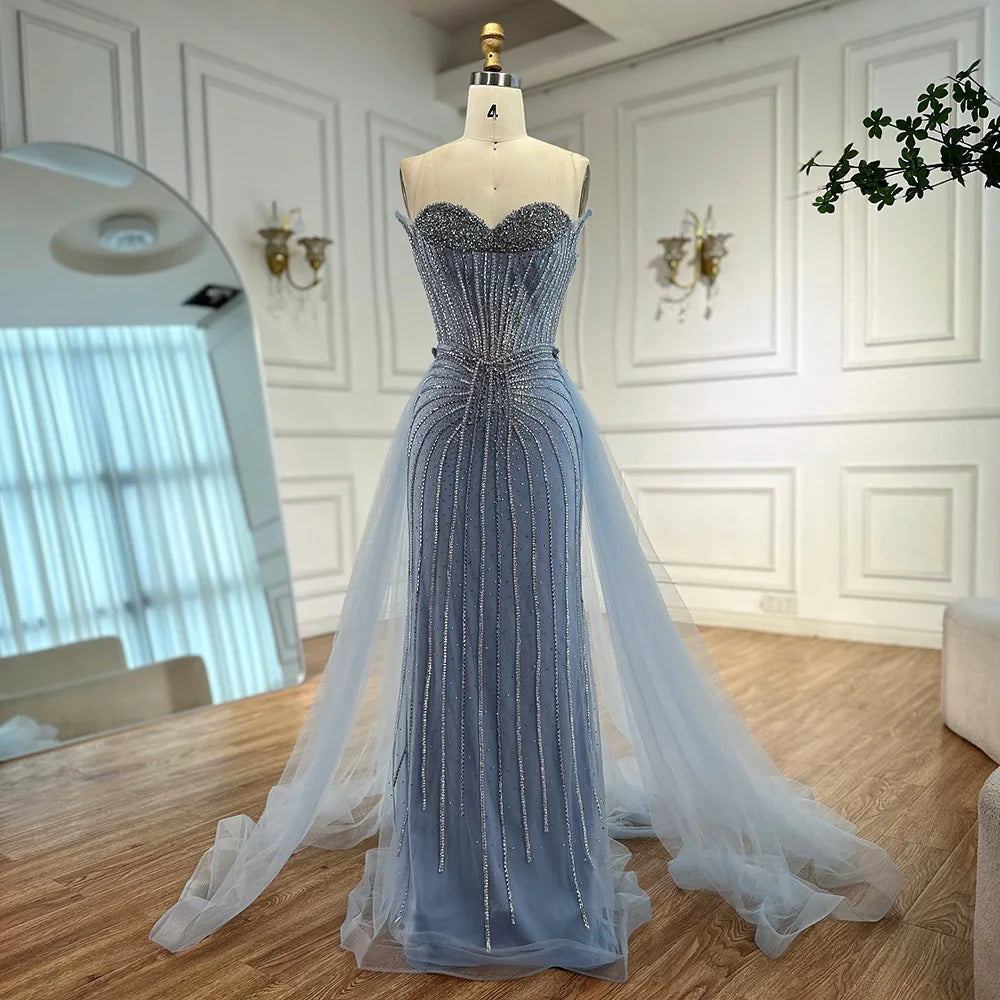Elegant Strapless Pink Pearl Beaded Arabic Mermaid Evening Gown with Detachable Overskirt LA72811B - Perfect for Weddings, Prom, Gala & Formal Events
