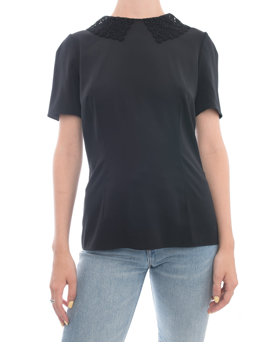 Dolce & Gabbana Women's Black Short Sleeve Blouse with Lace Collar - Elegant Office Wear & Evening Party Top