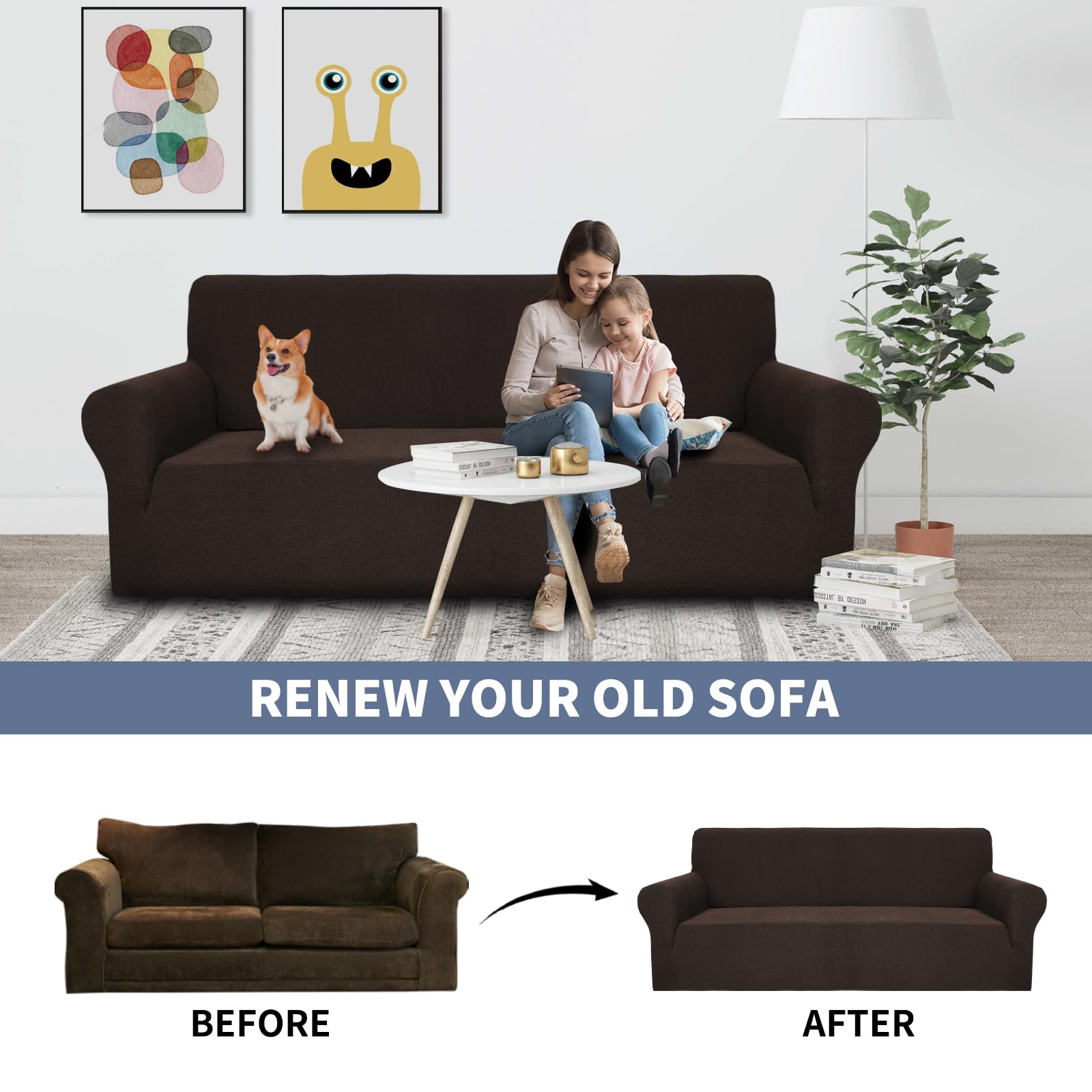 JIVINER Stretch Jacquard Sofa Cover - 1-Piece Anti-Slip Loveseat Slipcover with Small Check Pattern, Fits 2-Cushion Couches (Dark Coffee) - Perfect for Homes with Kids & Pets, Living Room Furniture Protection