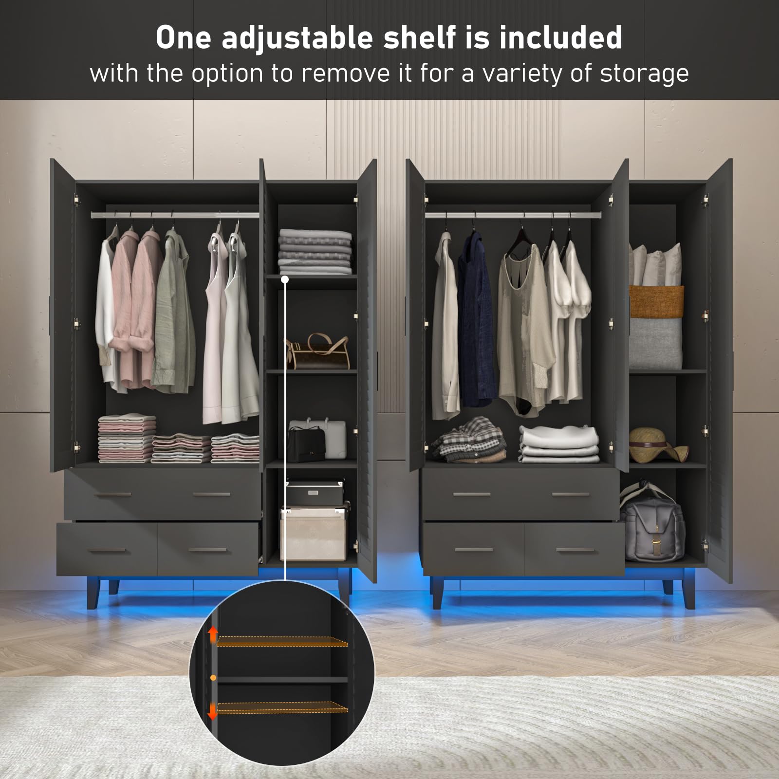 3 Door Armoire Wardrobe Closet with LED Lights & Drawers - Large Capacity Storage Cabinet with Multi-Tier Shelves, Hanging Rod & Louver Doors for Bedroom Organization - Perfect for Clothes, Shoes & Accessories Storage (Black)