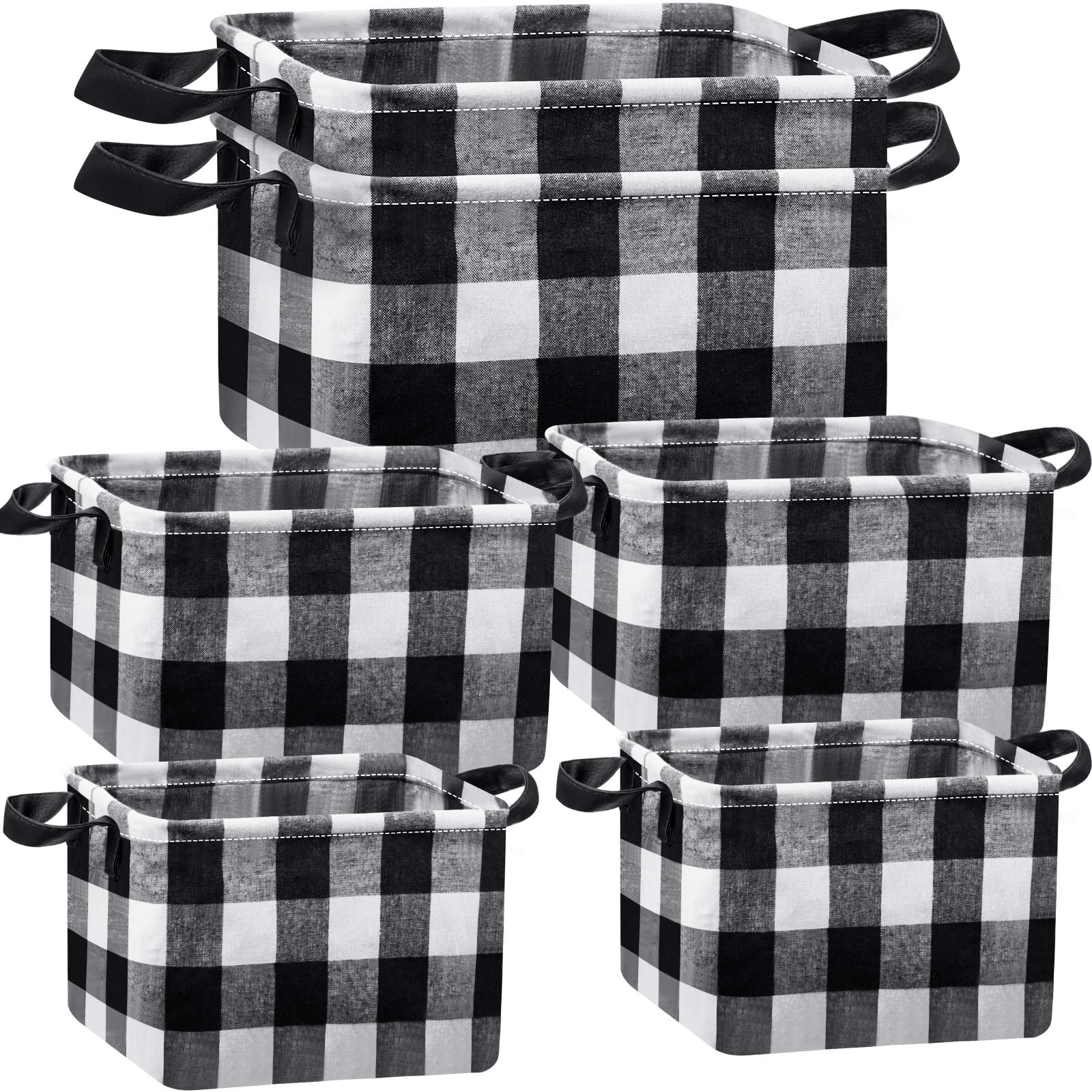 6-Piece Buffalo Plaid Storage Baskets Set - Collapsible Square Organizer with Handles for Home, Office & Nursery Organization (Black/White Checkered Pattern) - Perfect for Toy Storage, Blanket Baskets & Closet Organization